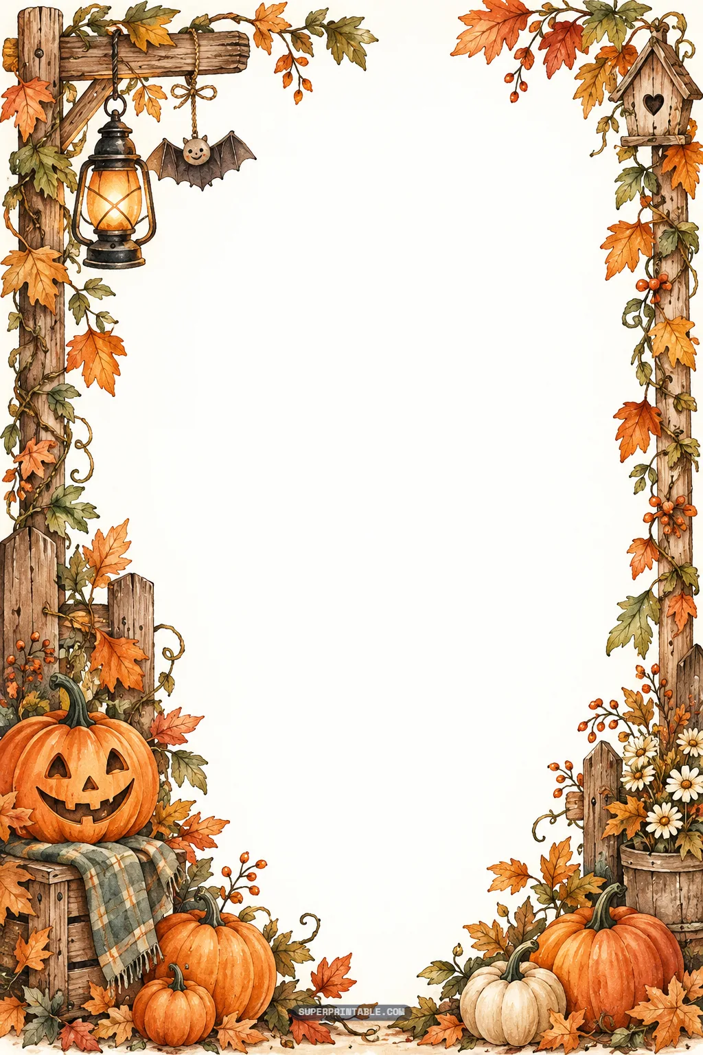 Watercolor Halloween stationery border featuring a carved jack-o'-lantern and a cute hanging bat.