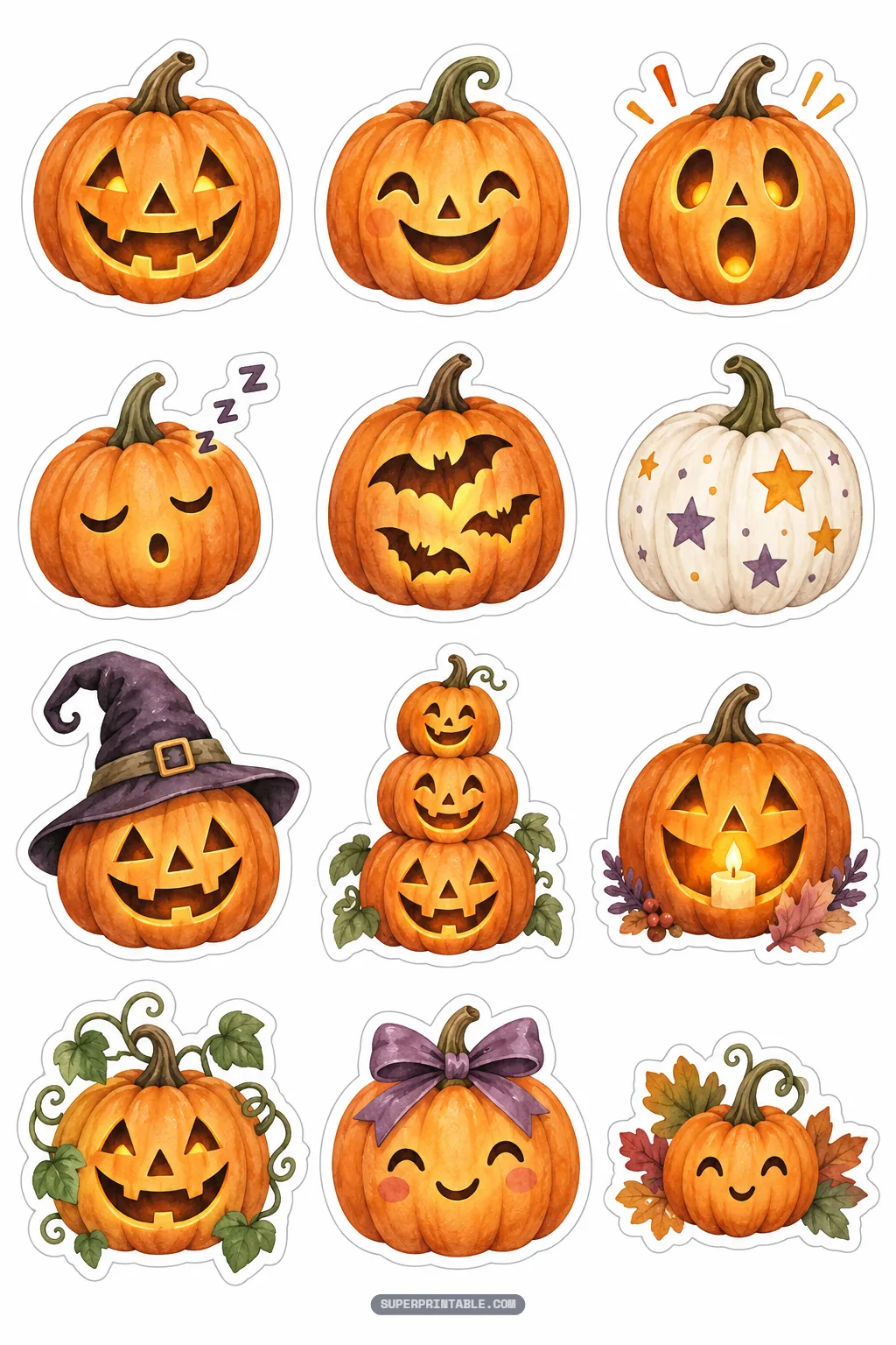 Watercolor jack-o'-lantern pumpkin stickers featuring glowing carved faces, witch hats, and cozy autumn leaves