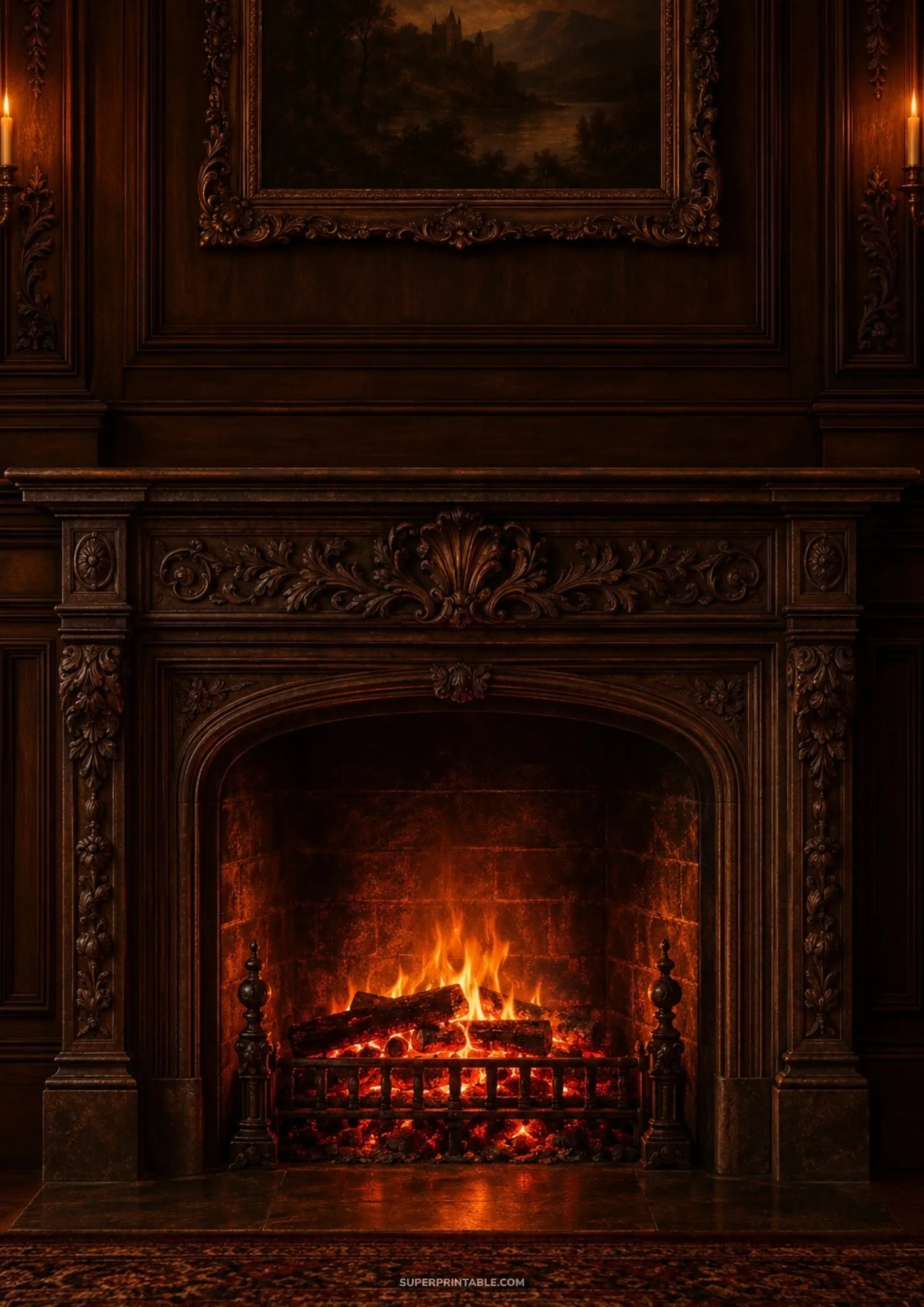 Intricately carved dark wood fireplace hearth glowing with burning logs and warm ember light