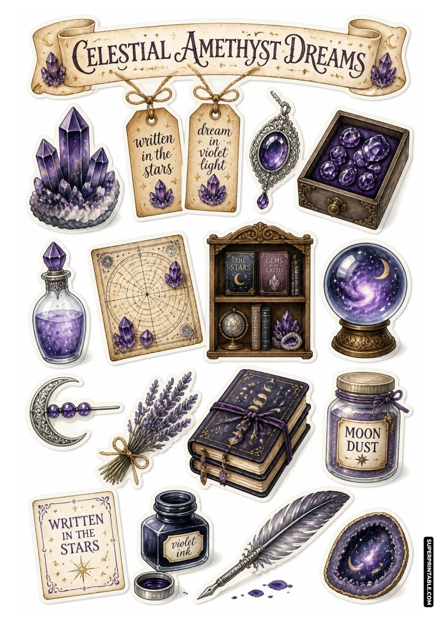 Vibrant purple amethyst geodes, crystal sphere, violet ink, and starry books on a sticker sheet.