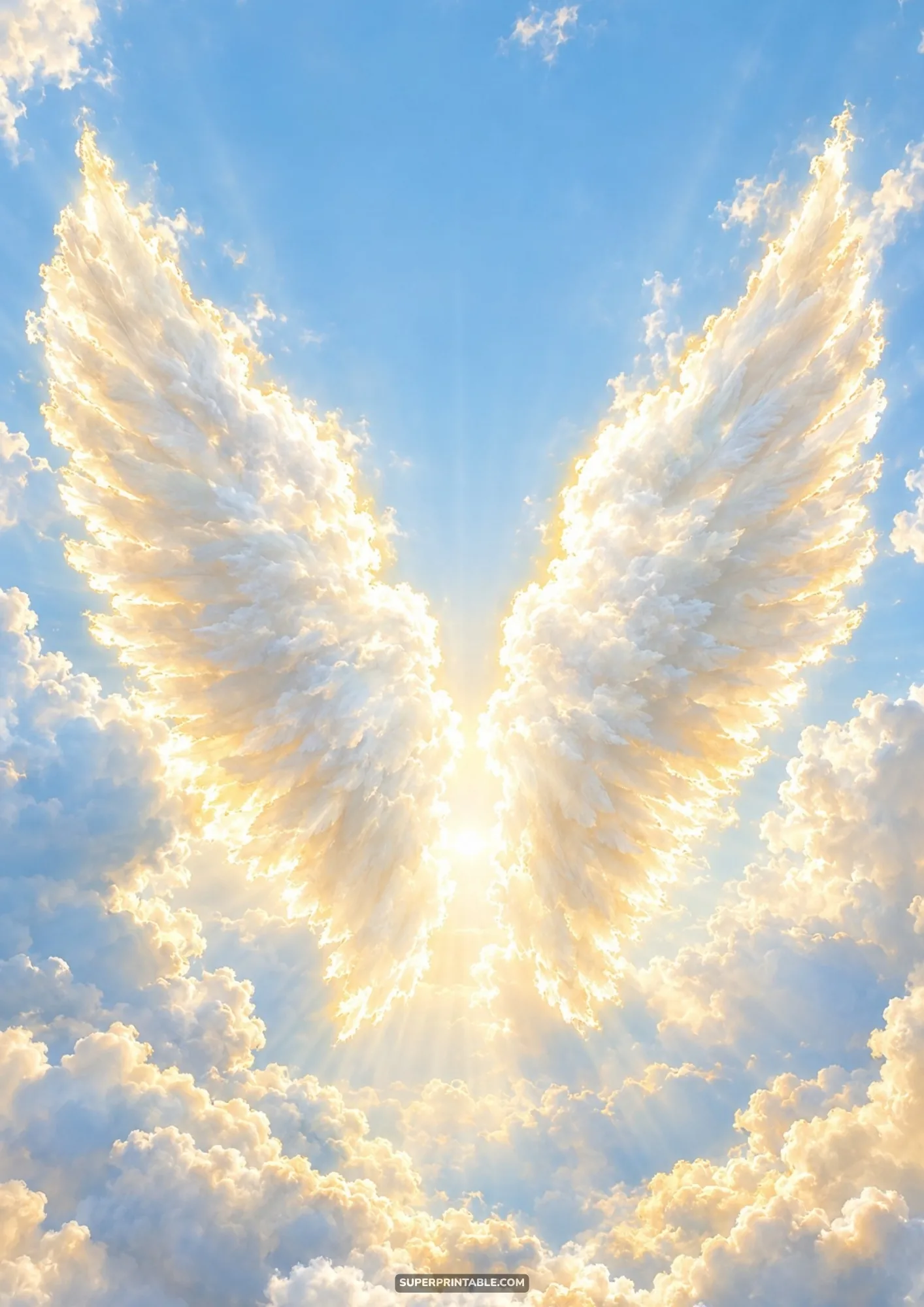 Glorious angelic wings formed from luminous cloud feathers against a sunny blue heaven