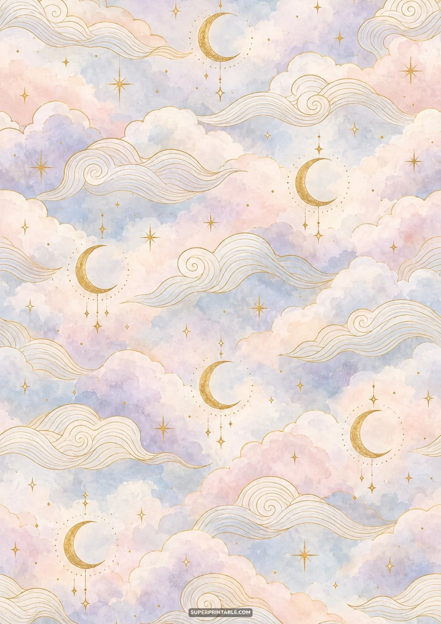 Celestial seamless pattern featuring watercolor clouds, gold line swirls, and crescent moons