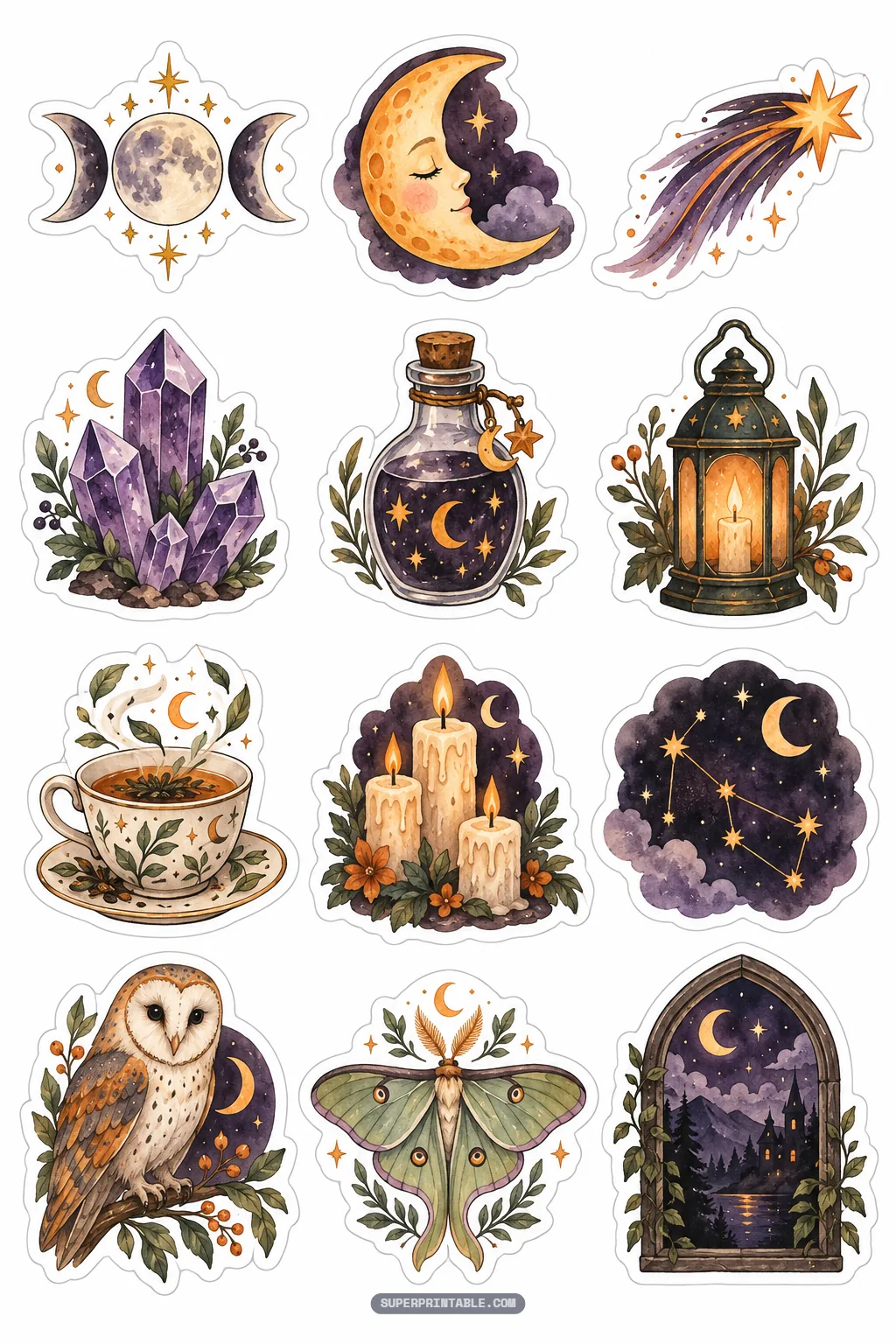Celestial witchcraft sticker set featuring amethyst crystals, glowing lanterns, luna moths, and starry skies