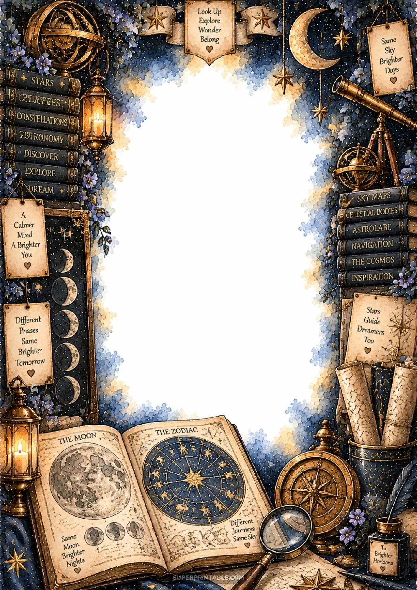 Antique celestial study frame displaying open star charts, brass astrolabes, and crescent moons.