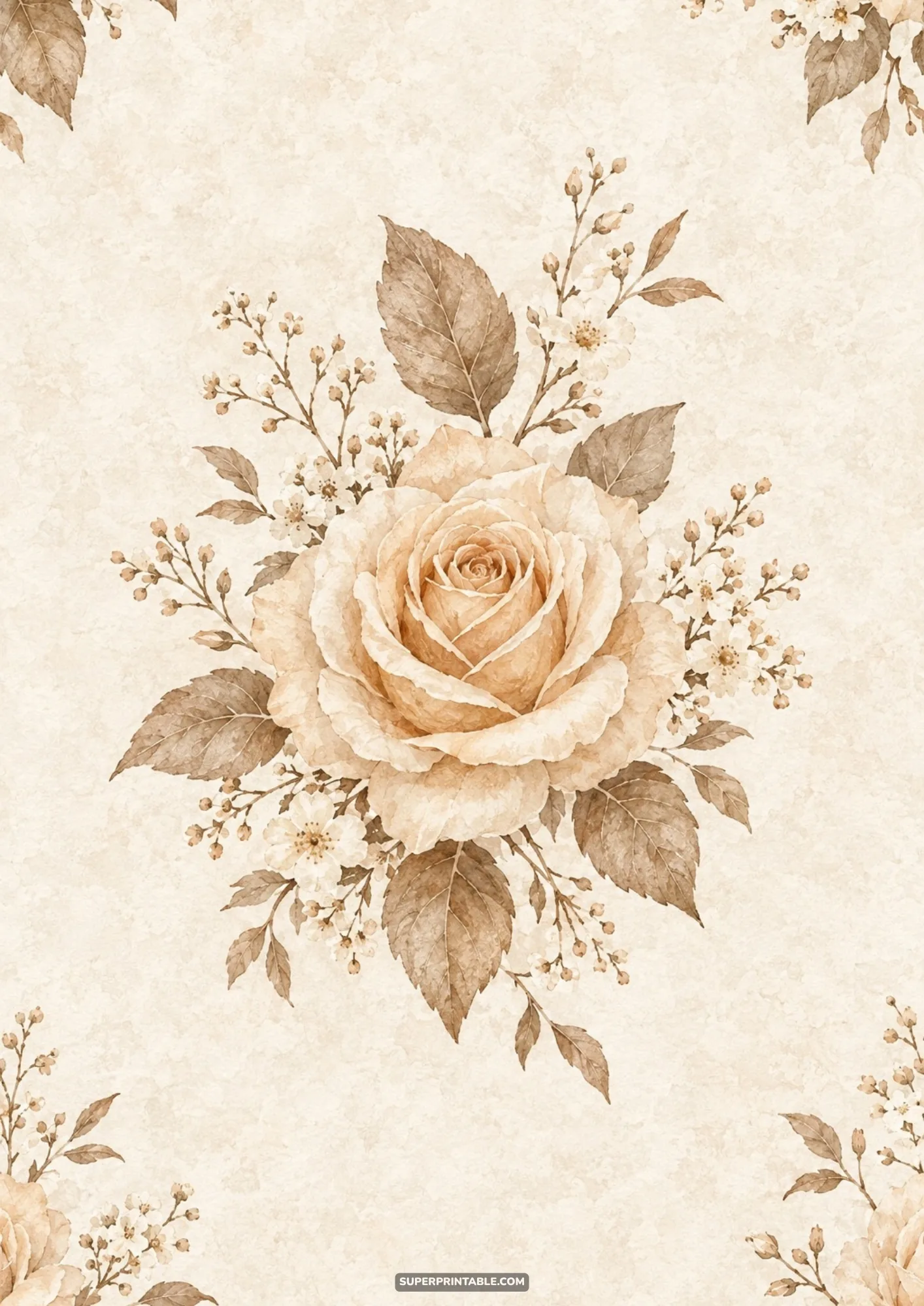 Champagne shabby chic digital papers featuring a centered watercolor rose with sepia leaves