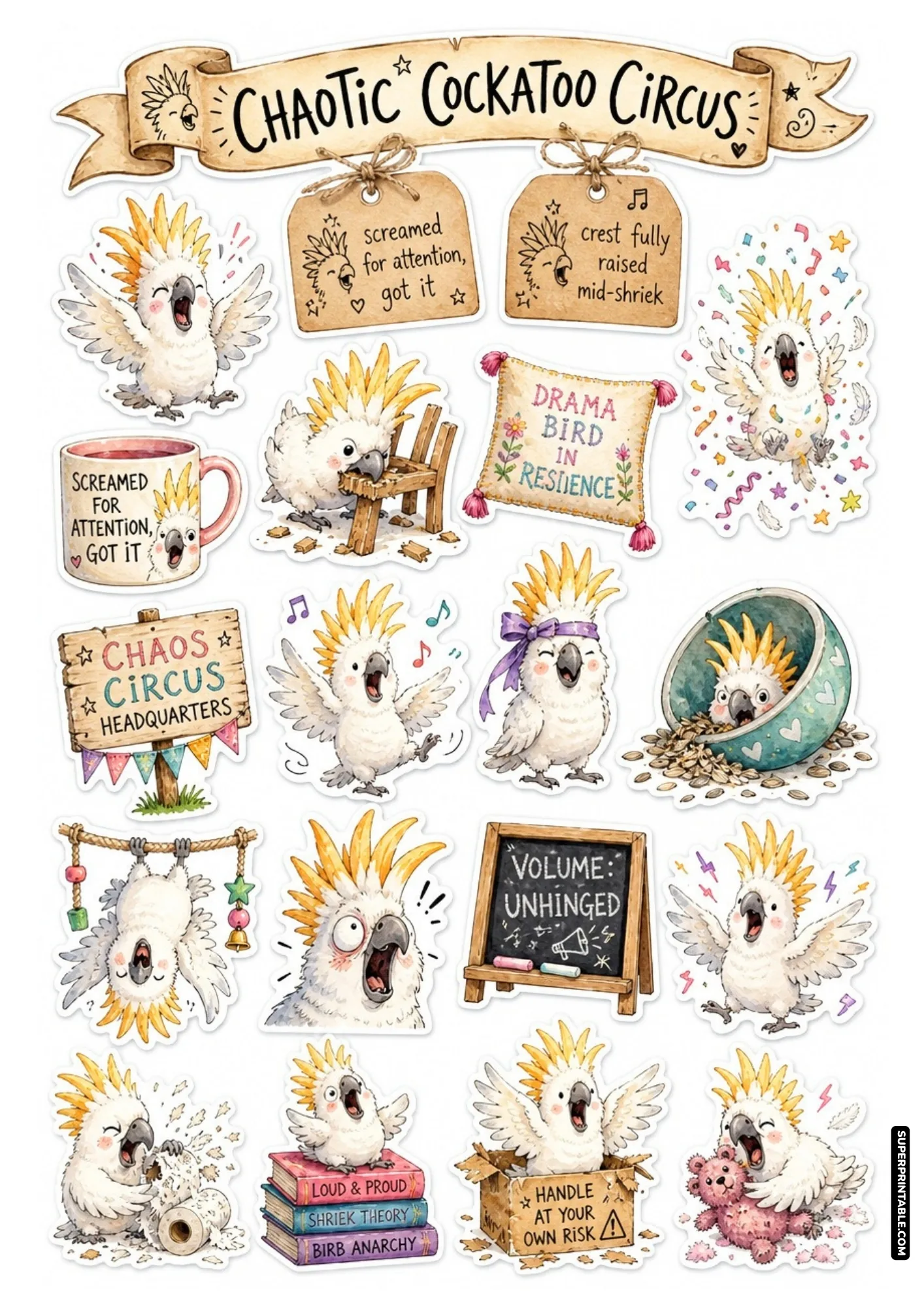 Expressive yellow-crested cockatoos screaming dramatically and chewing furniture for paper crafts