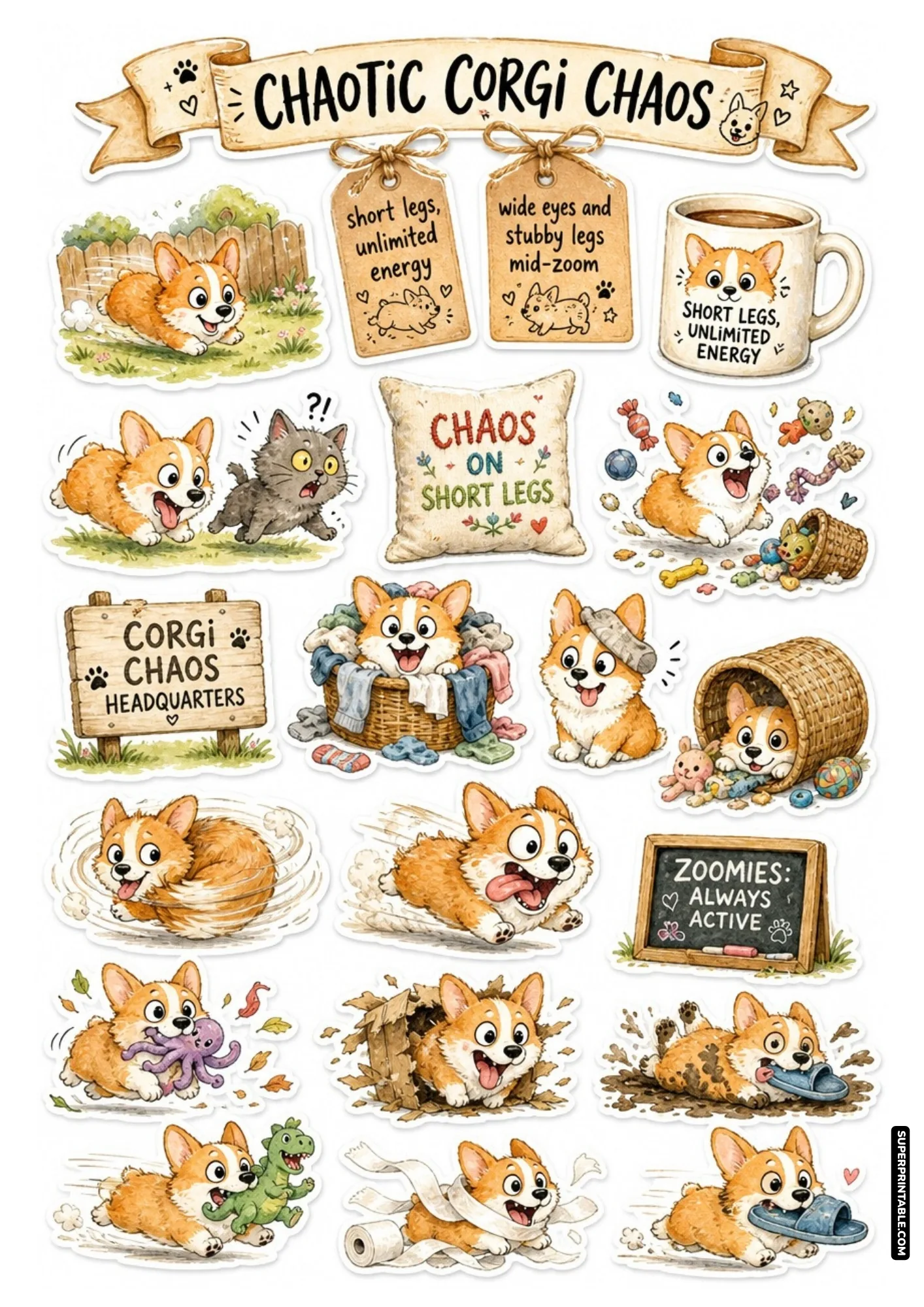 High-energy corgis doing whirlwind zoomies and stealing slippers with playful expressions for journaling