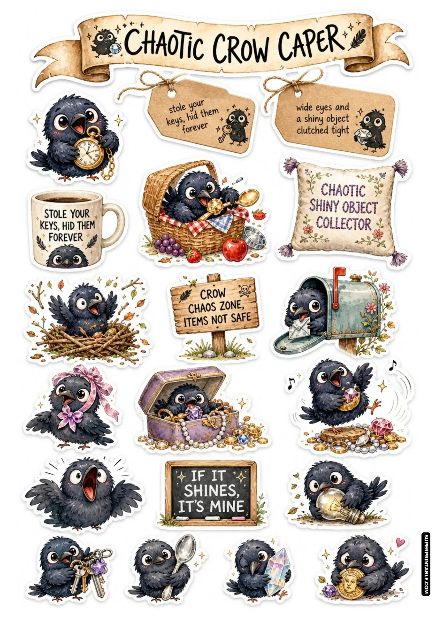 Mischievous crows hoarding shiny crystals, keys, and jewelry treasures for junk journals and scrapbook art