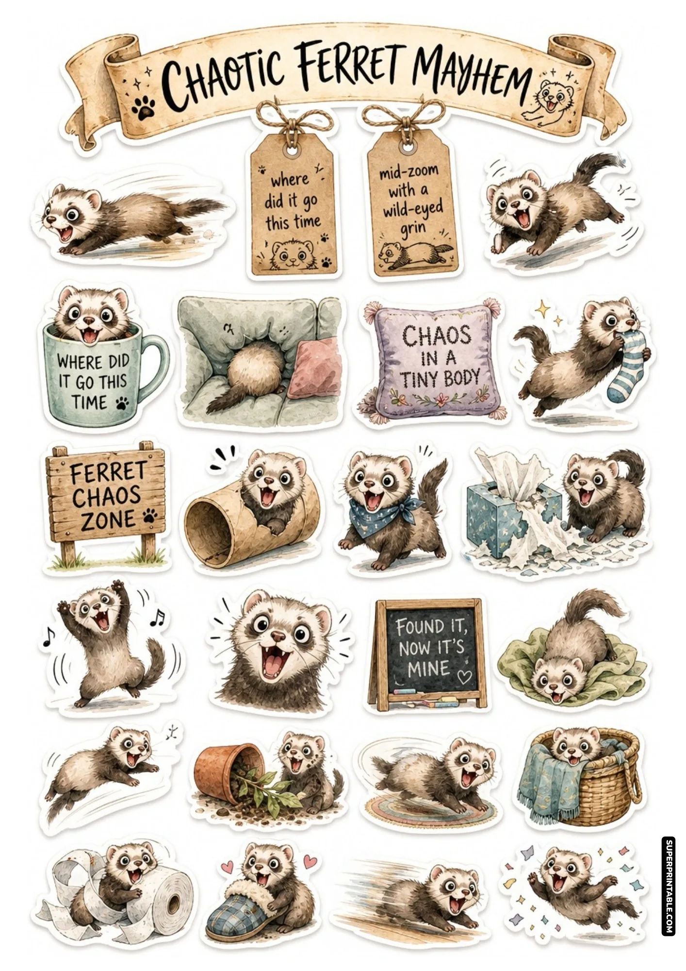 Playful ferrets causing mischief and zoomies on chaotic animals sticker sheets for planners and journals