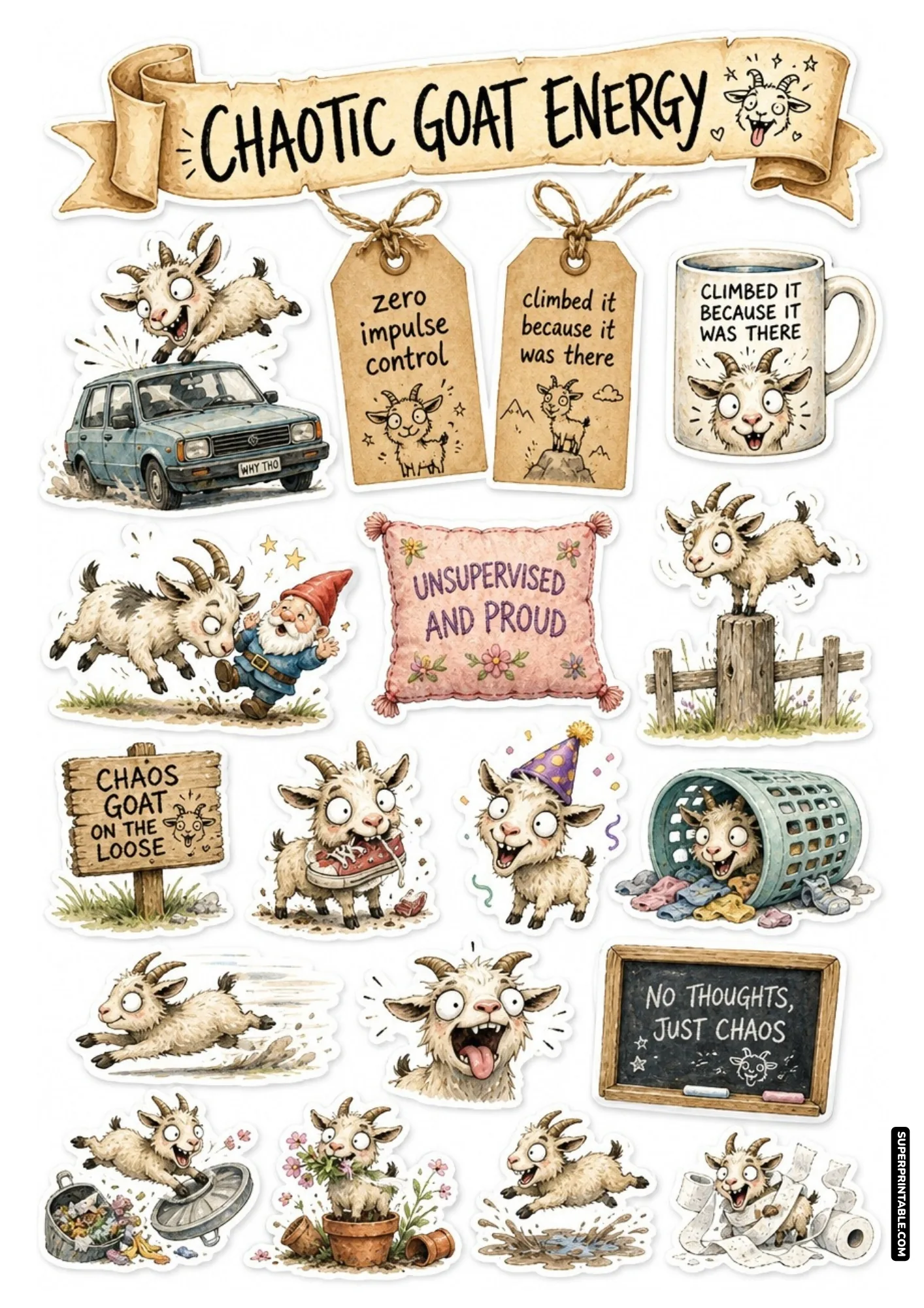 Energetic goats climbing car hoods and headbutting garden gnomes with playful quotes for planners