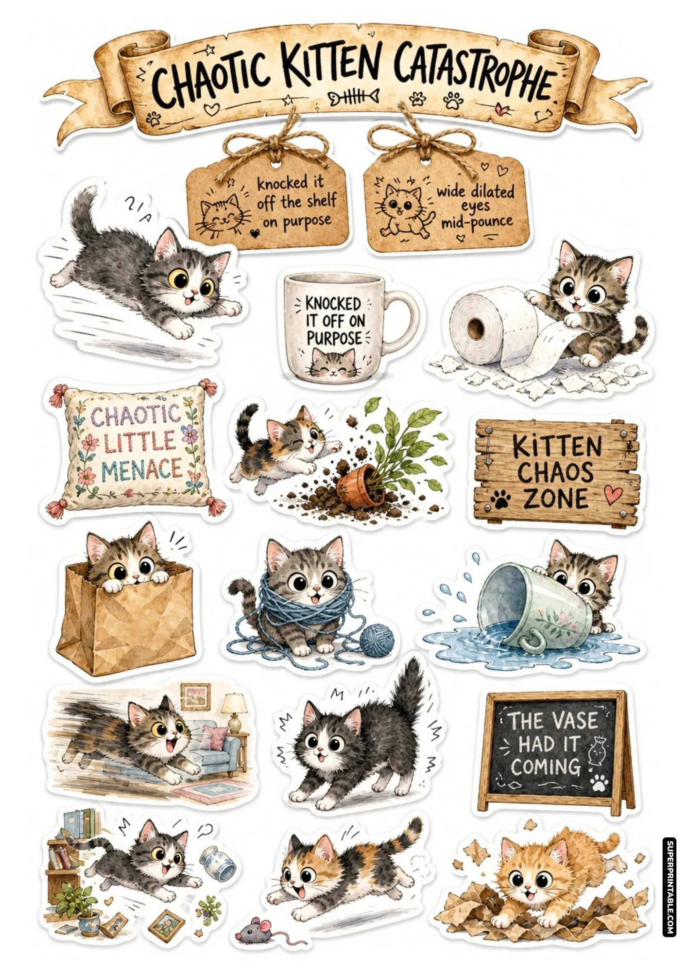 Mischievous kittens knocking over mugs and tangling yarn skeins for cute cat journals and scrapbooks