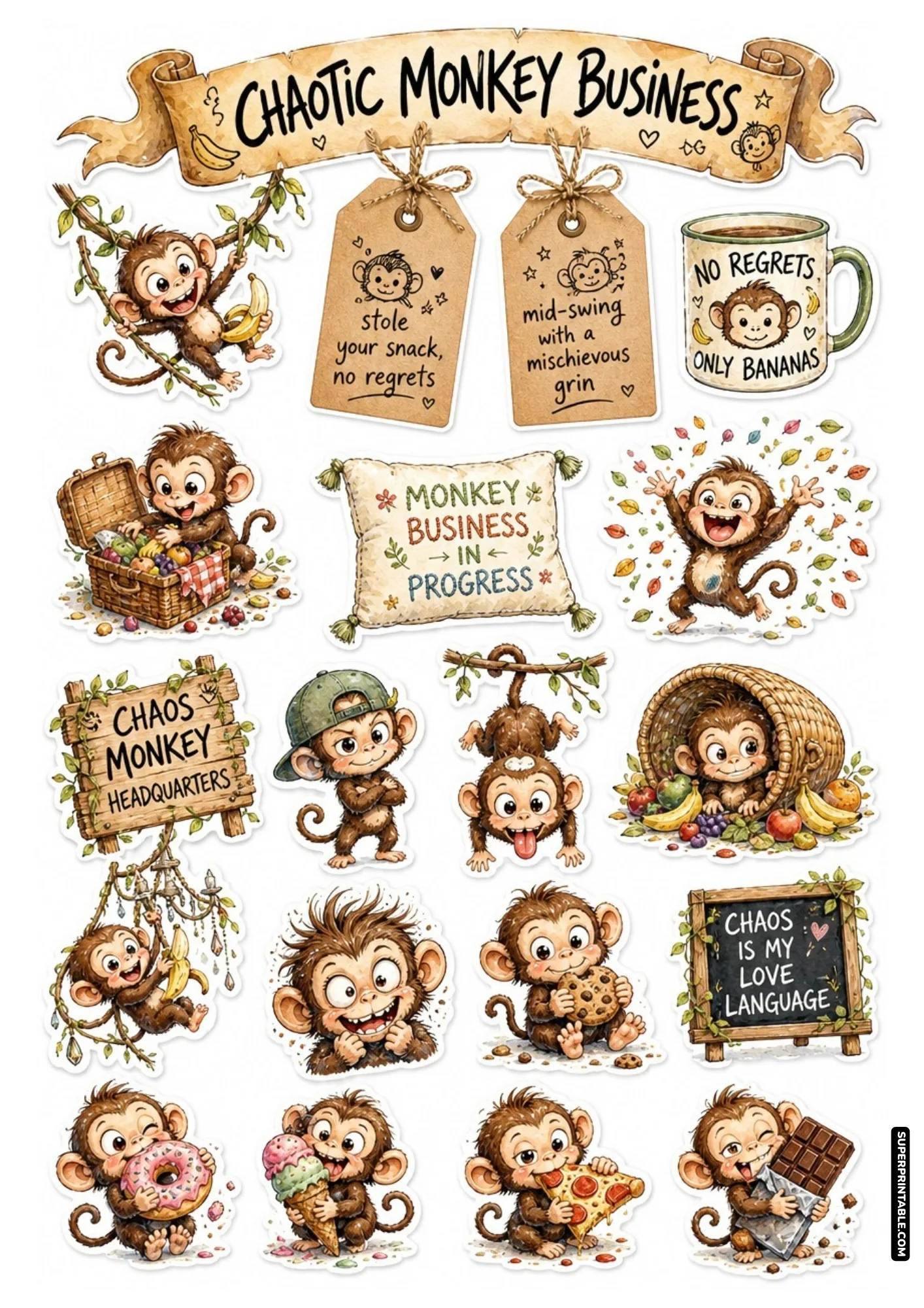 Cheeky monkeys swinging from vines and stealing fruit snacks with funny sayings for creative paper crafts
