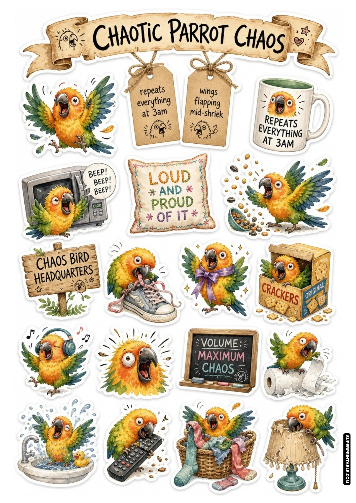 Loud colorful parrots squawking at appliances and shredding paper for bird enthusiasts and junk journals
