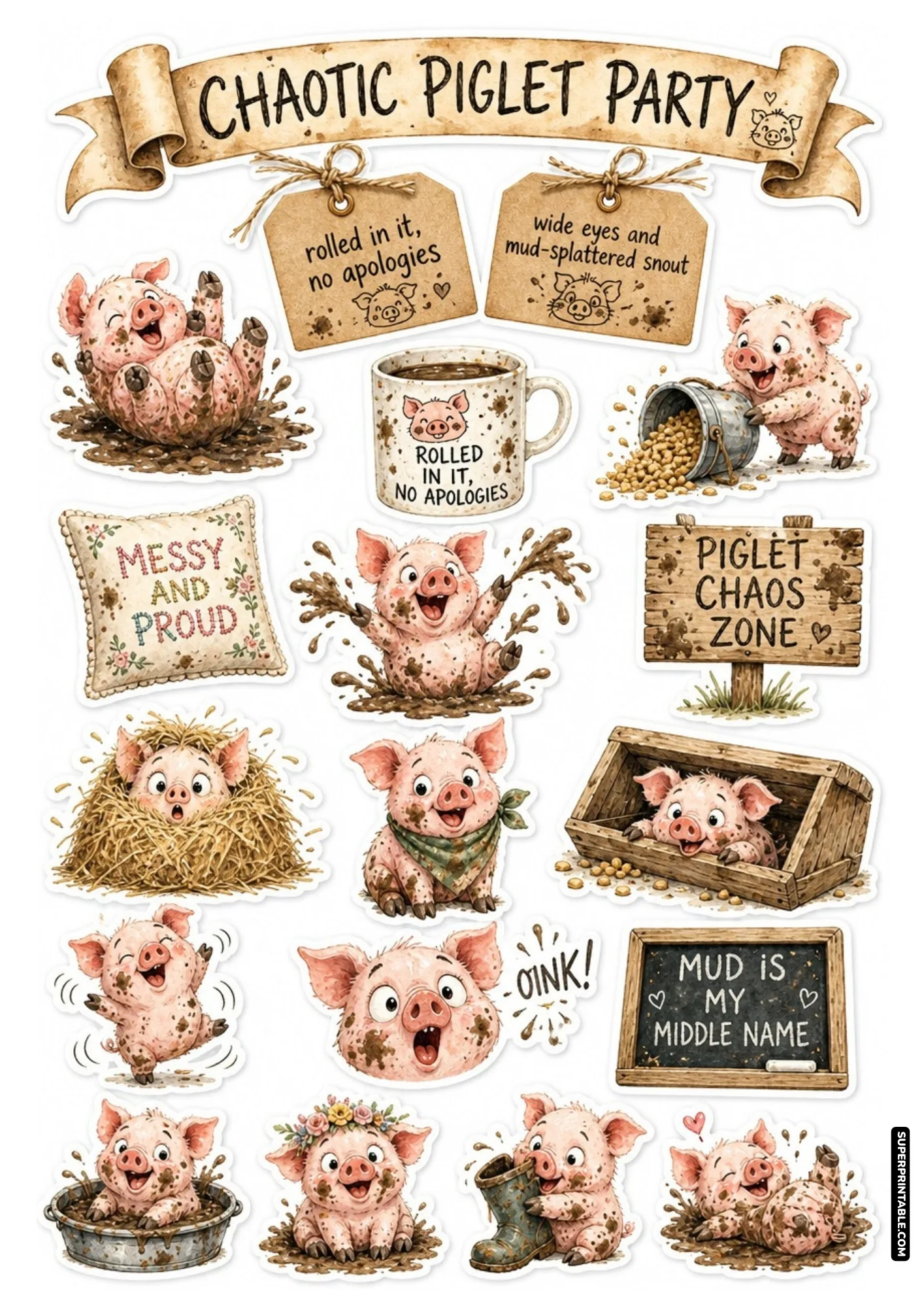 Messy baby piglets splashing in mud puddles and enjoying farm chaos for scrapbook crafts and journaling