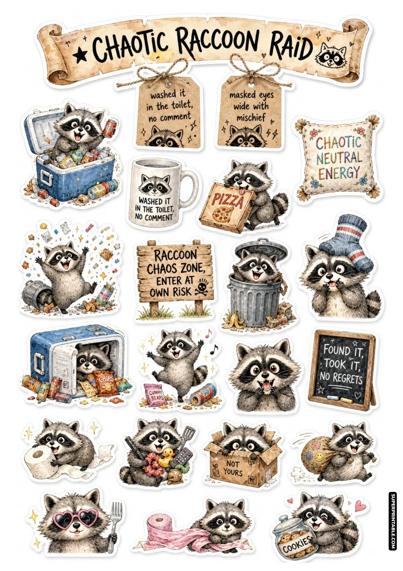 Trash panda raccoons raiding picnic coolers and trash bins on chaotic animals sticker sheets for crafting