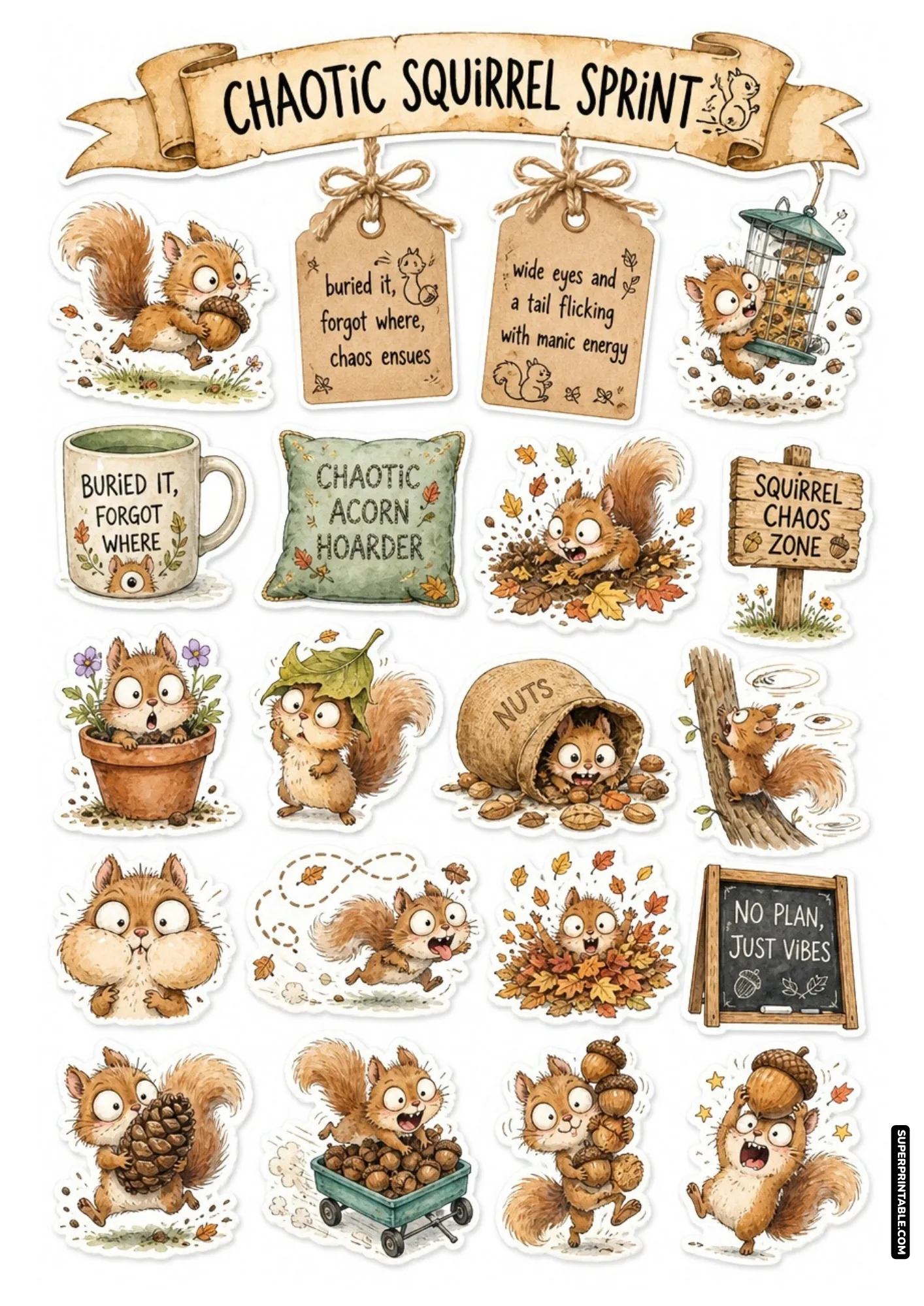 Frantic squirrels hoarding acorns and diving into autumn leaf piles for fall planners and diary pages