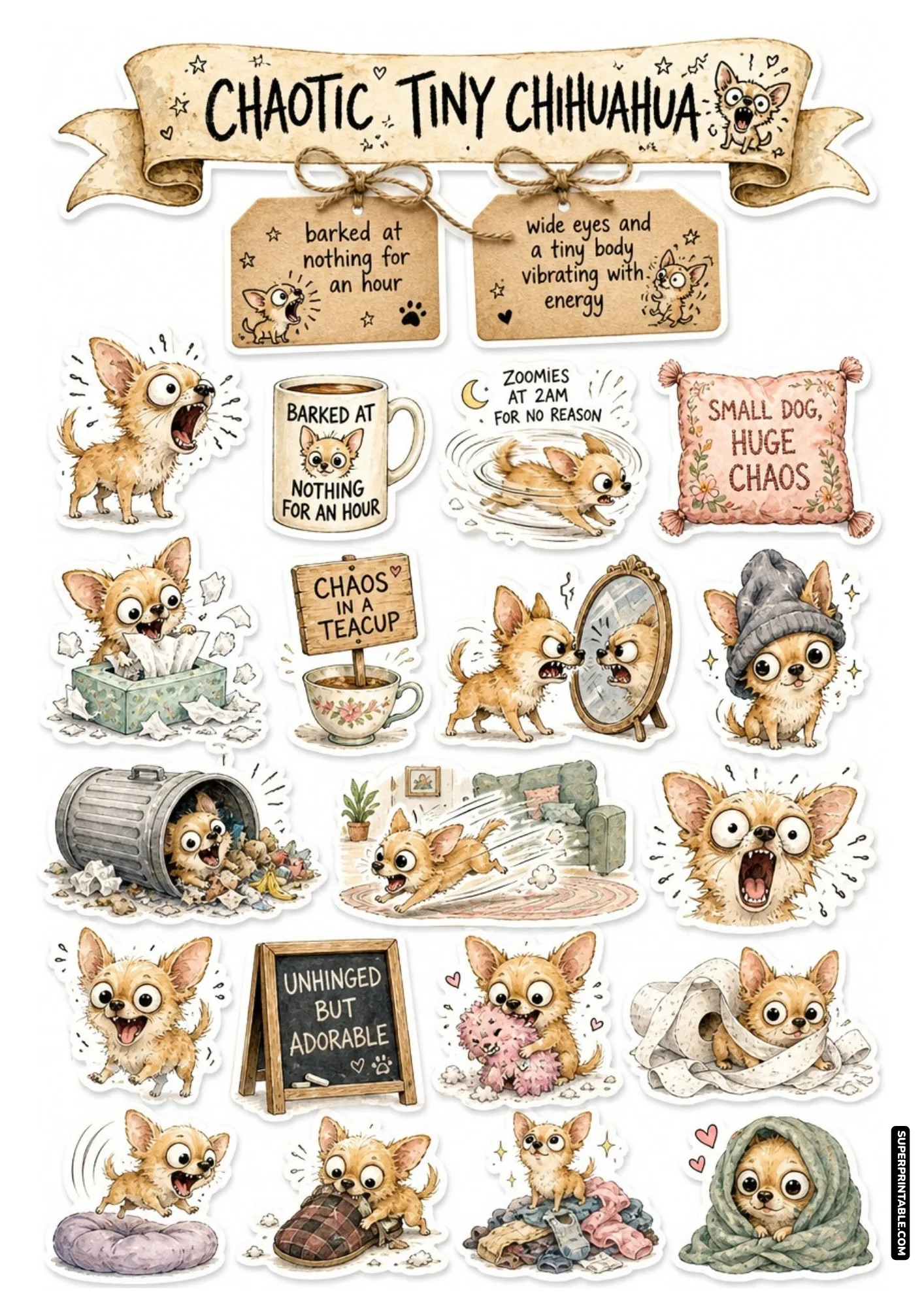 Spunky tiny chihuahua stickers vibrating with energy and barking fiercely for dog lovers and planners