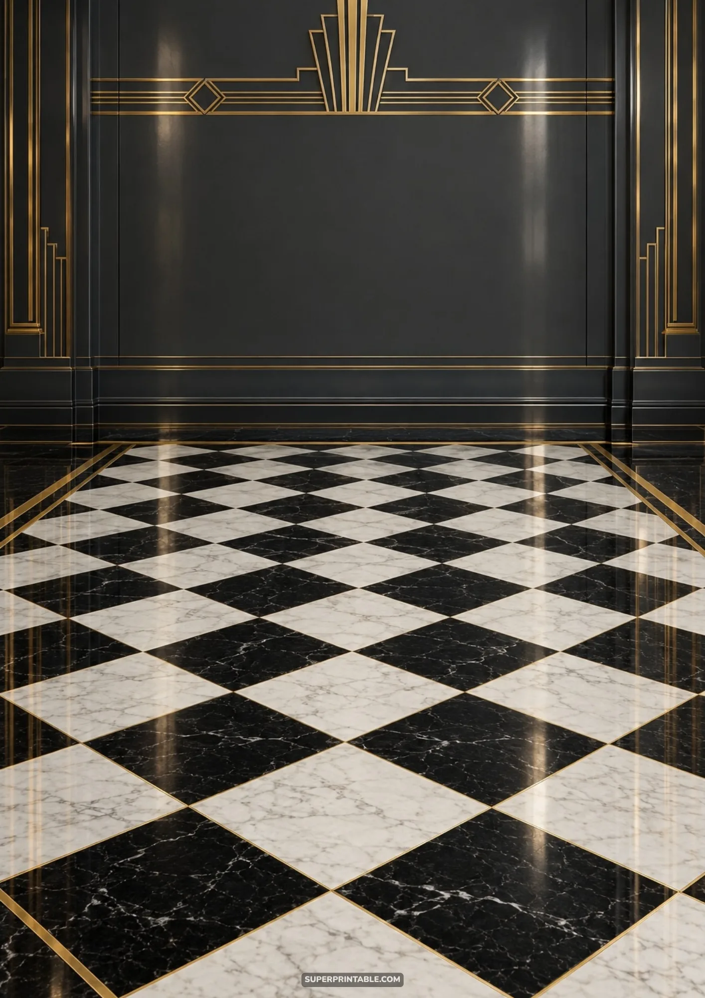 Polished black and white checkerboard marble floor lined with gold brass trims