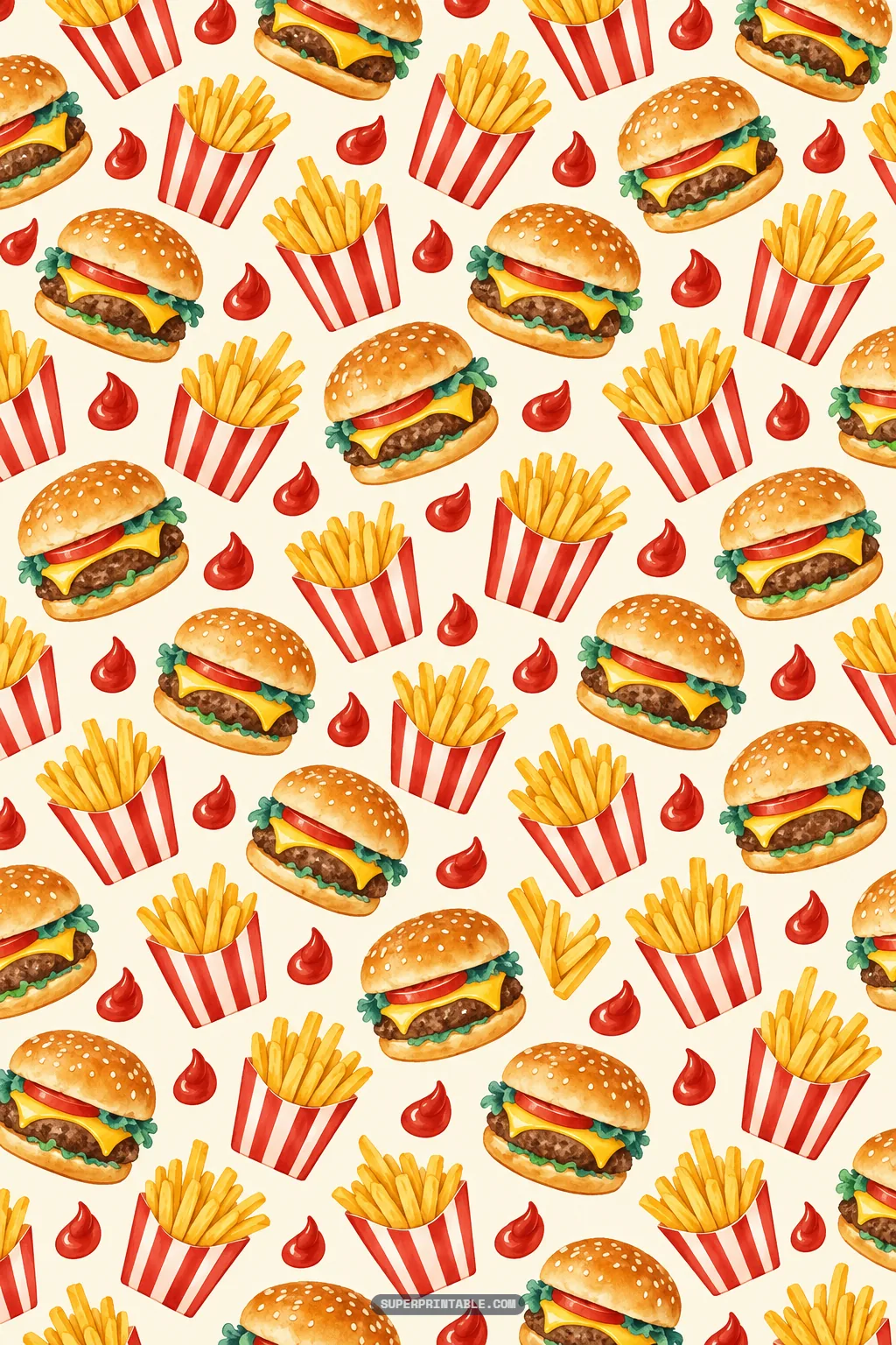 Juicy cheeseburgers, striped containers of crispy french fries, and ketchup dollops repeating on cream paper