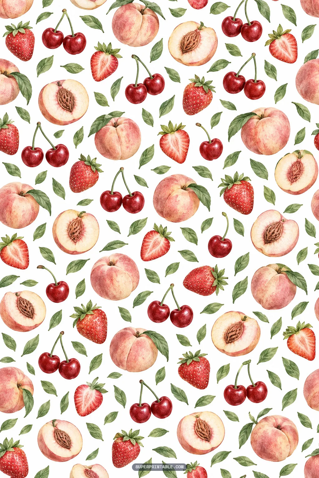 Botanical orchard pattern of sliced peaches, fresh strawberries, and cherries