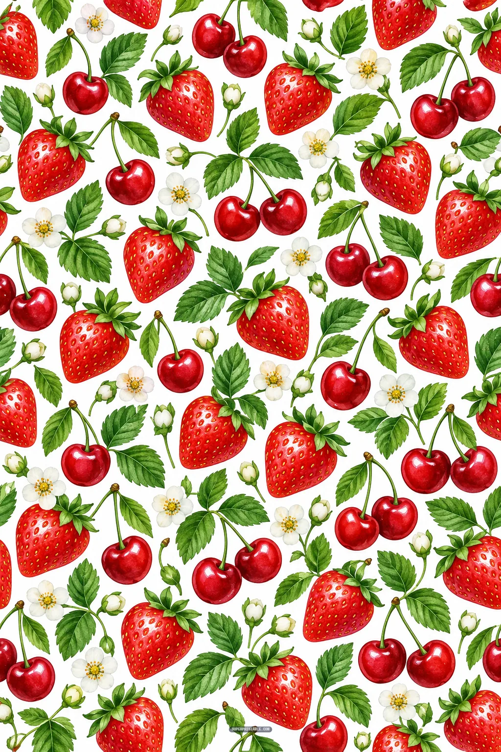 Seamless orchard harvest pattern with ripe strawberries, cherry pairs, and white blossoms on white background