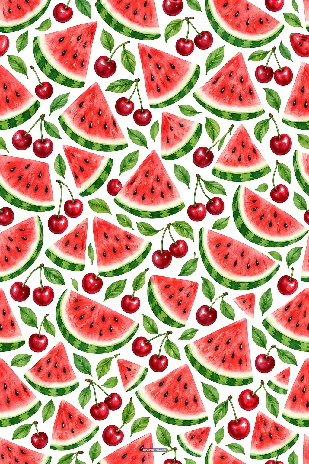 Summery seamless paper pattern showing juicy pink watermelon slices alongside fresh red cherries and green leaves
