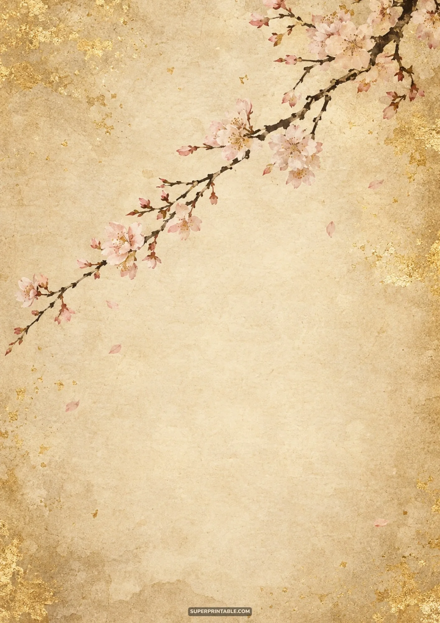 Delicate blooming cherry blossom branch with gold leaf leafing accents across antique parchment paper