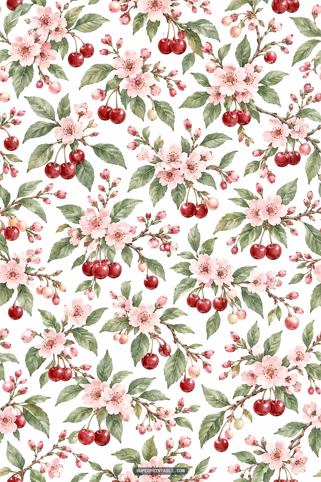 Flowering cherry blossom branches adorned with pink blossoms and ripe cherries