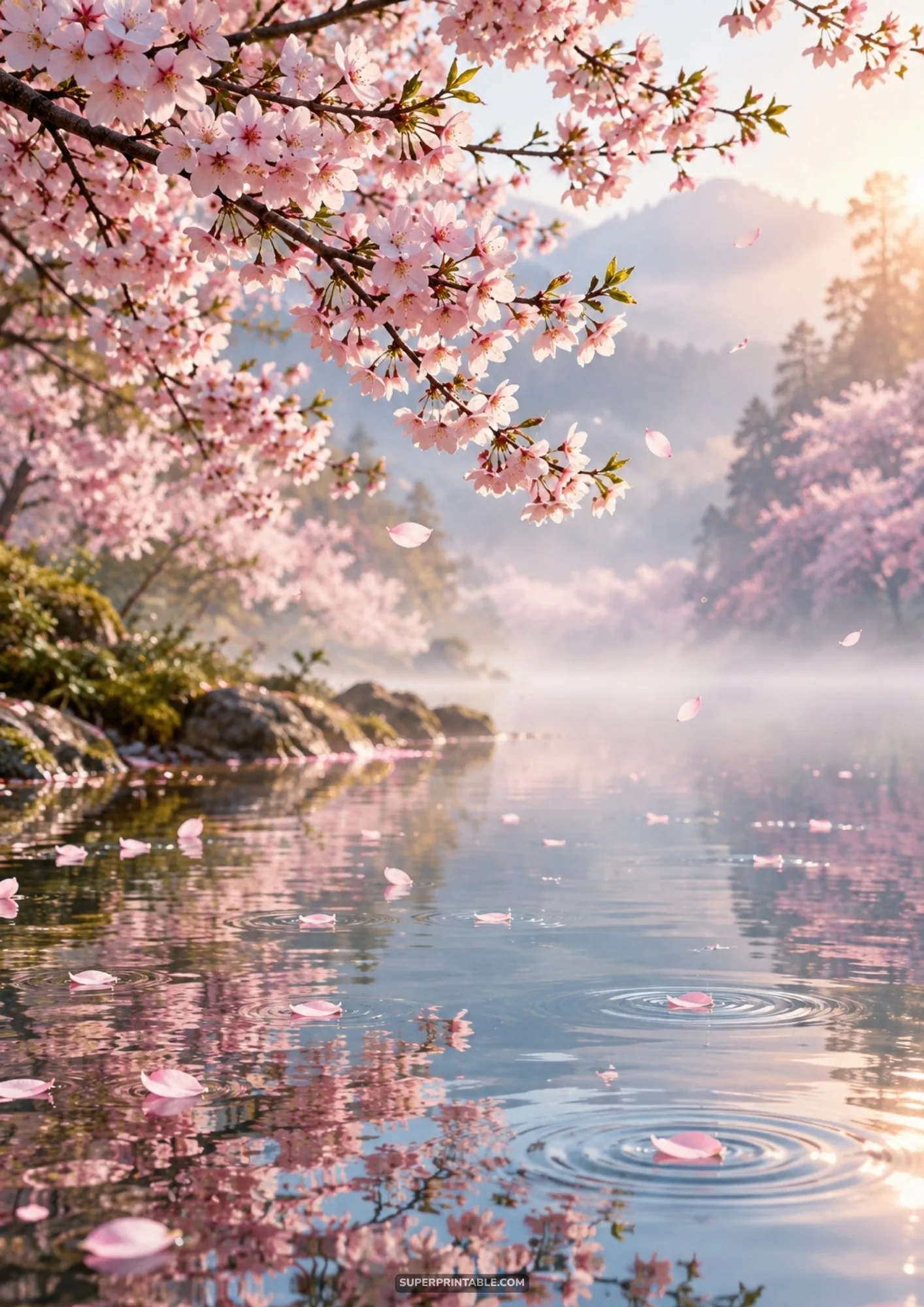 Calm morning lake with fallen sakura petals and water ripples beneath hanging cherry blossom branches