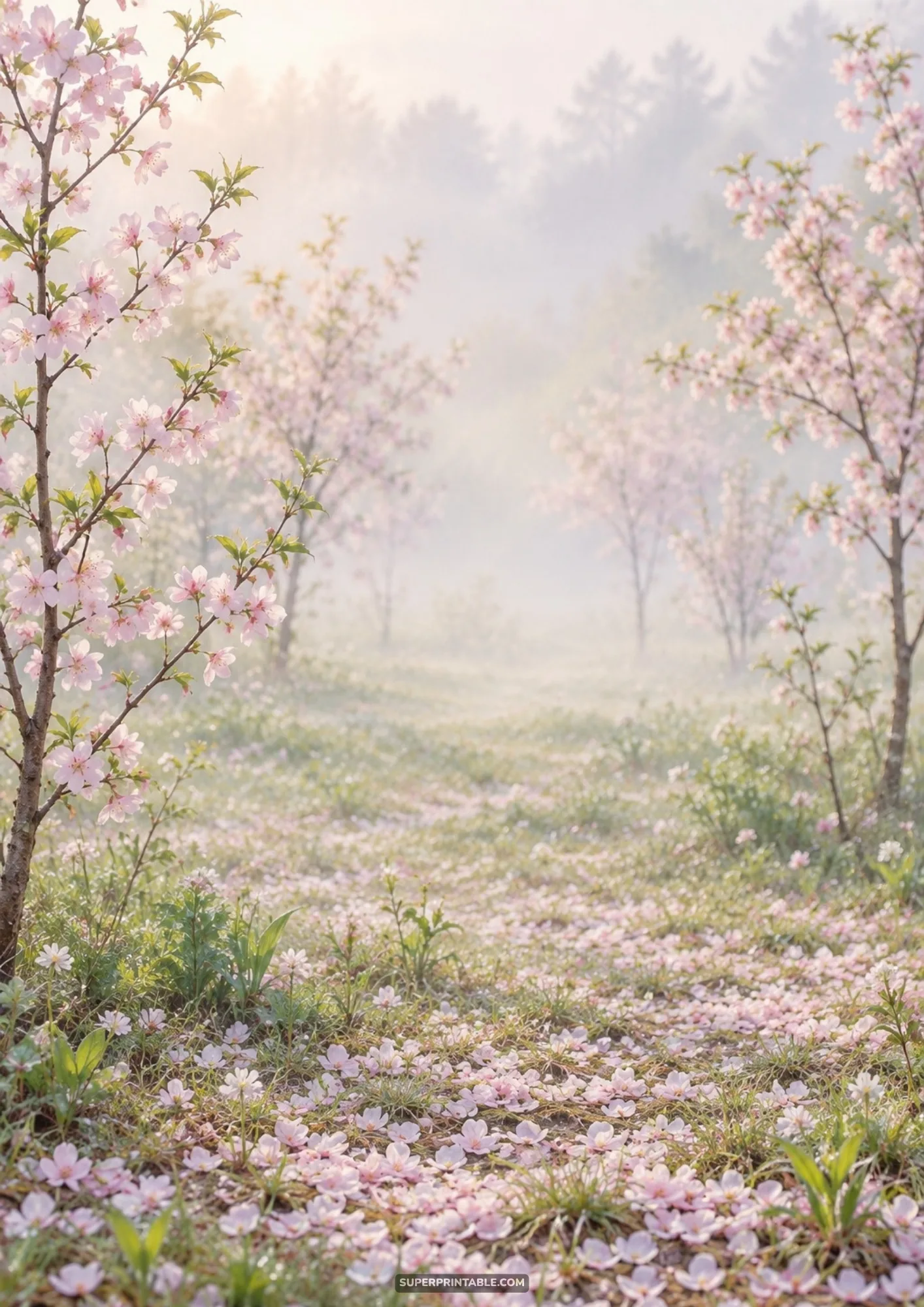 Spring cherry orchard with blooming trees and grassy meadow carpeted in fallen pink flower petals