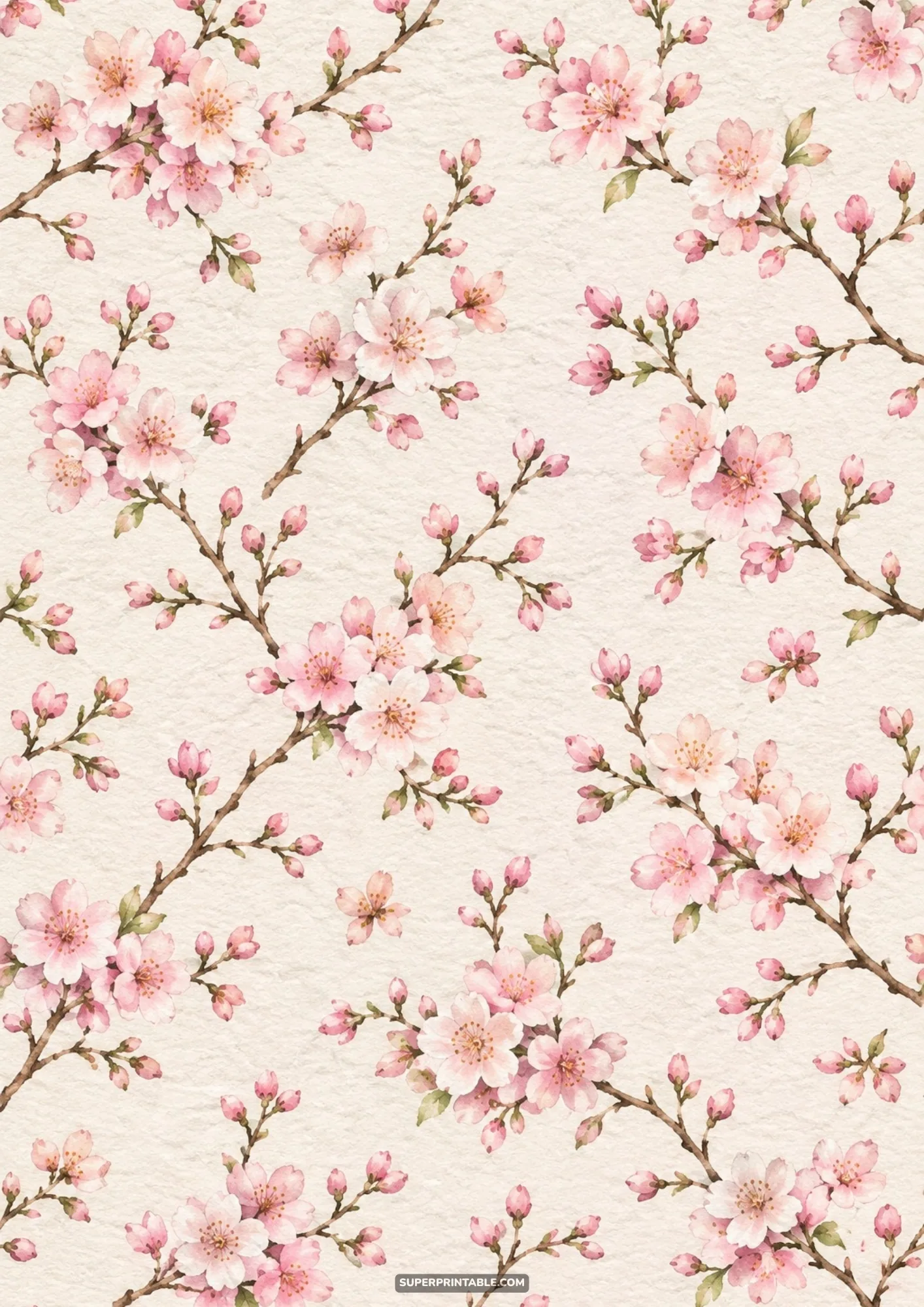 Detailed botanical watercolor repeating cherry blossom pattern on warm cream textured paper