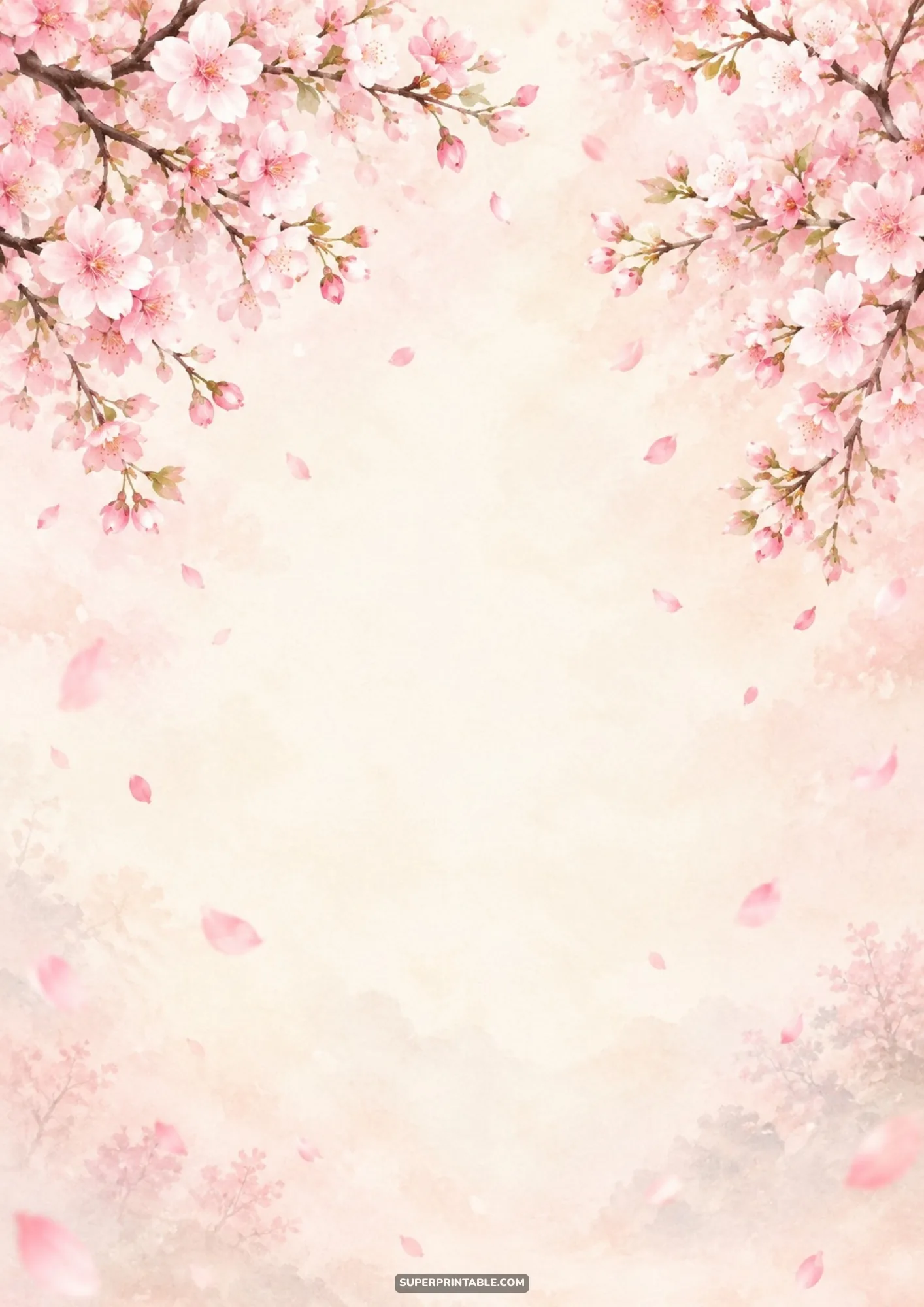 Spring cherry blossom digital backgrounds featuring soft watercolor floral branches on textured paper