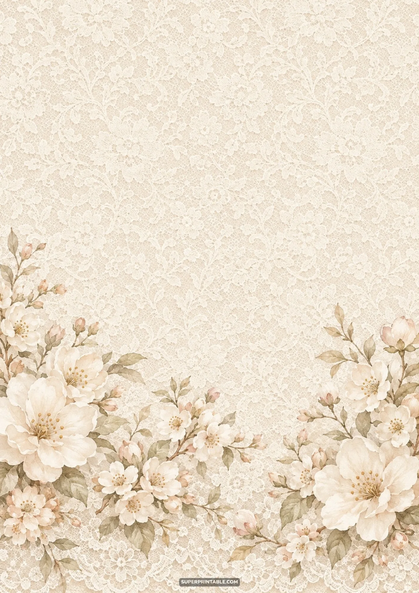 Gentle champagne blossom clusters layered over a full-bleed antique floral lace background