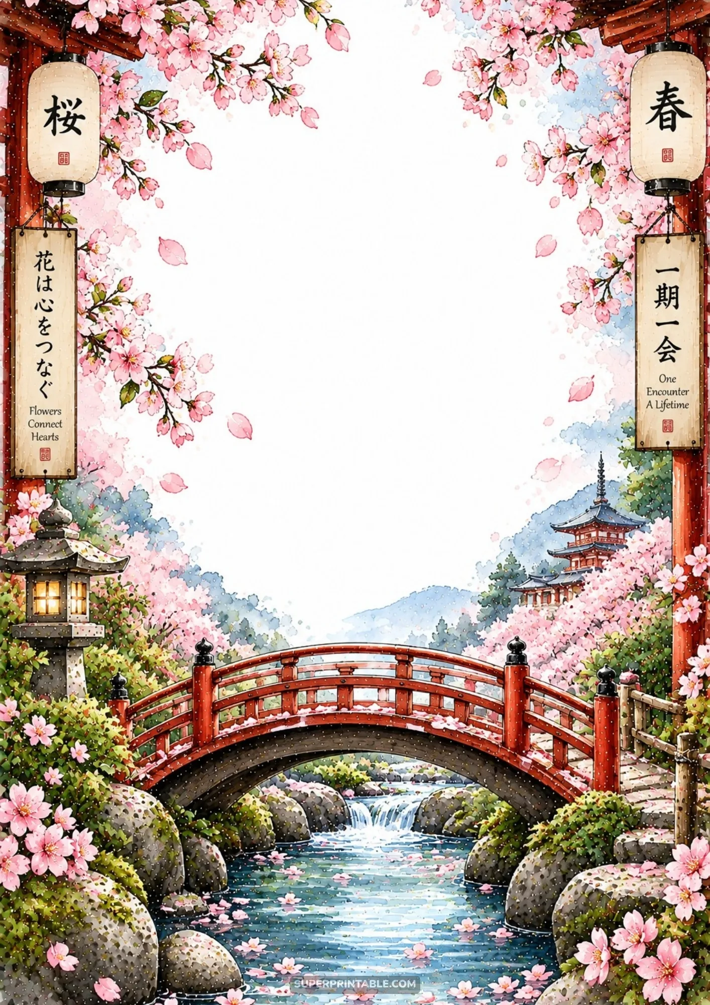 Japanese zen border pages with vibrant pink cherry blossoms, arched red bridge, and distant tiered pagoda.
