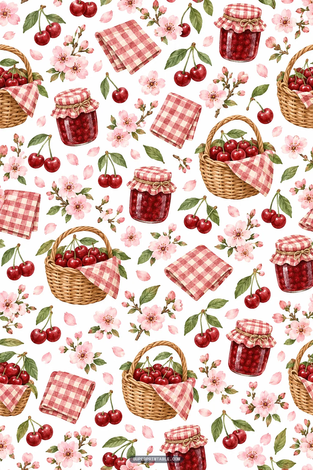 Cherry blossom kitchen digital paper featuring cherry jam jars and picnic baskets