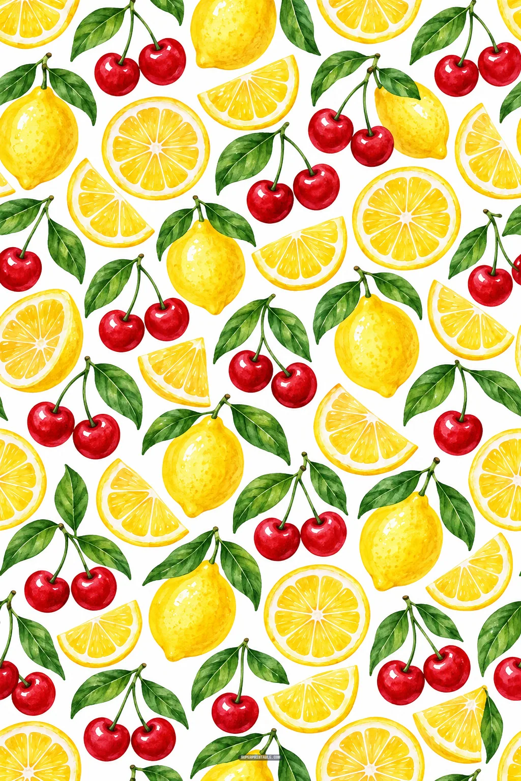 Vibrant watercolor pattern of ripe red cherries paired with bright yellow whole lemons and citrus wedges