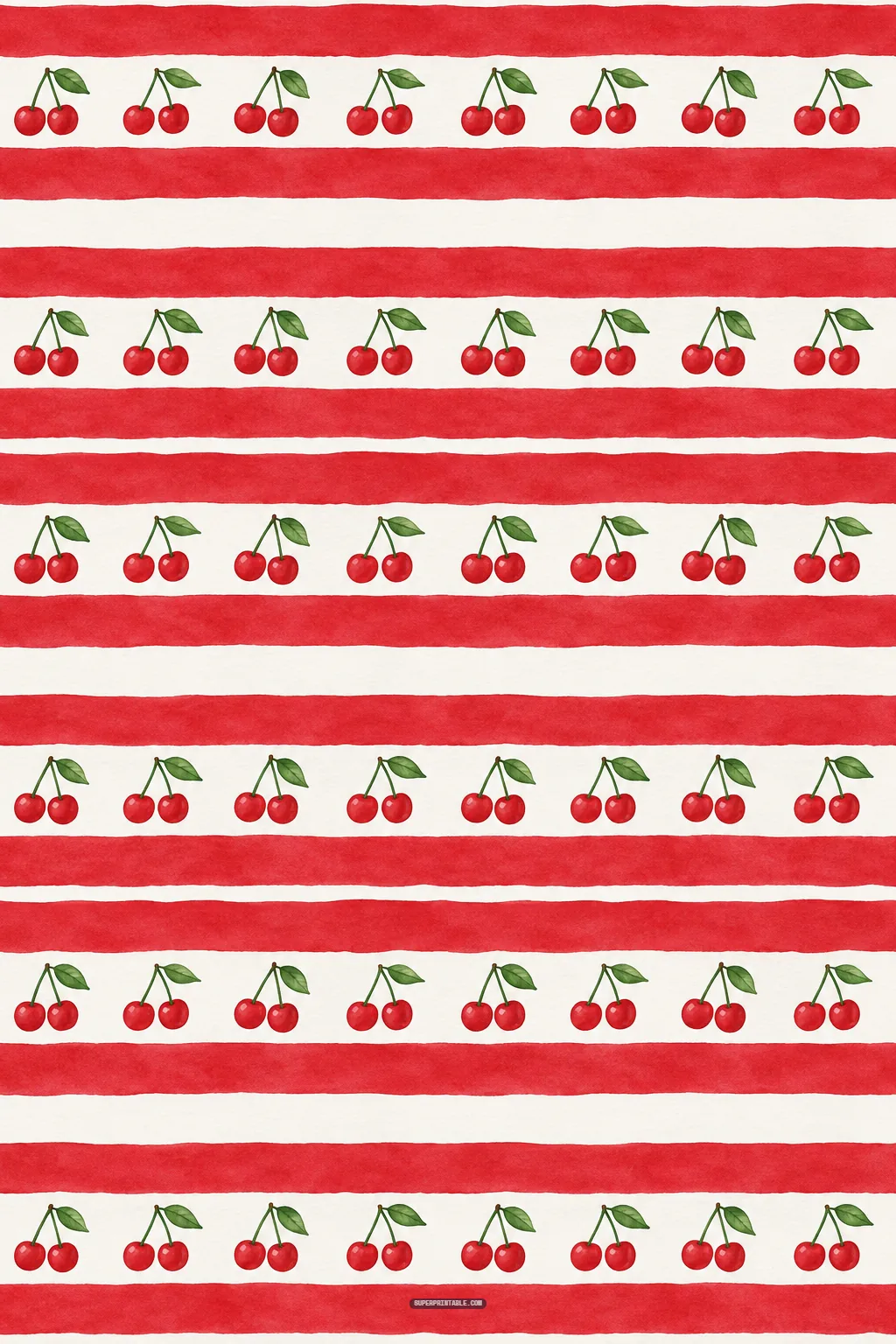 Horizontal red watercolor painted stripes accented with neat rows of paired red cherries on green stems