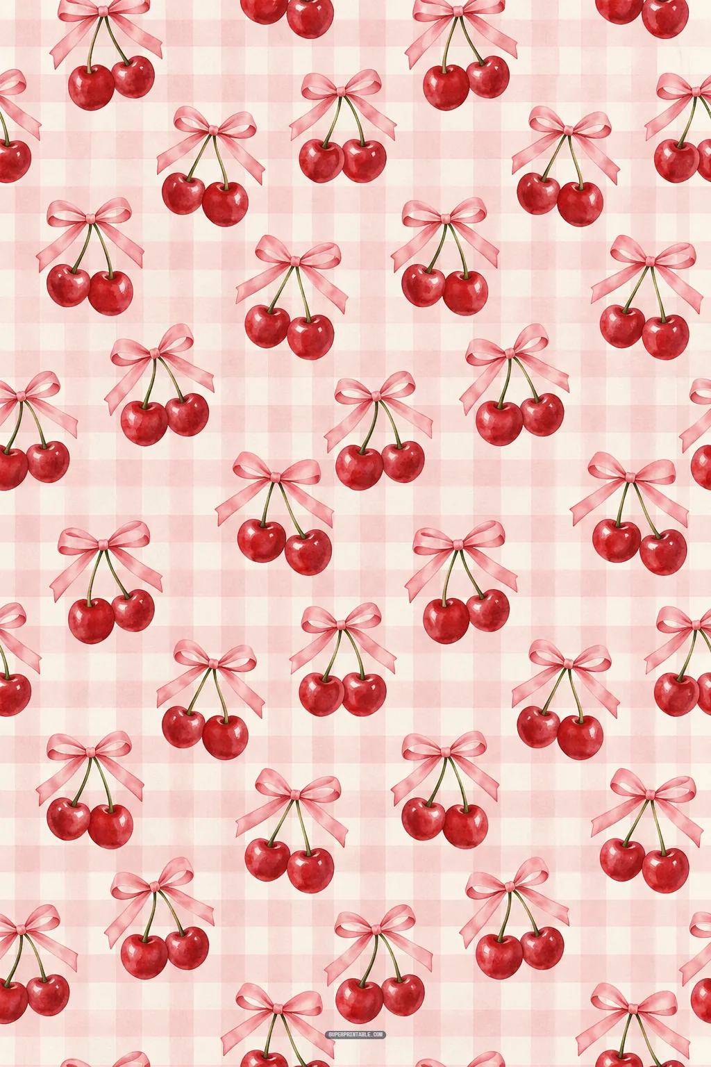 Seamless cherry orchard digital papers featuring cherries with pink ribbon bows on soft pink gingham check