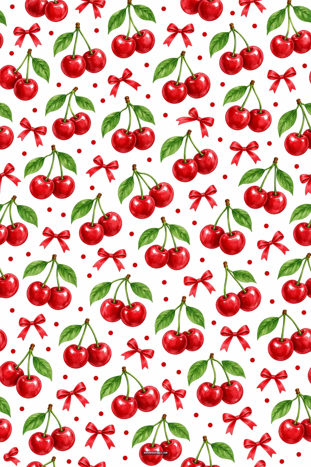 Ripe red cherry orchard digital papers featuring pairs with green leaves and delicate tied red ribbon bows