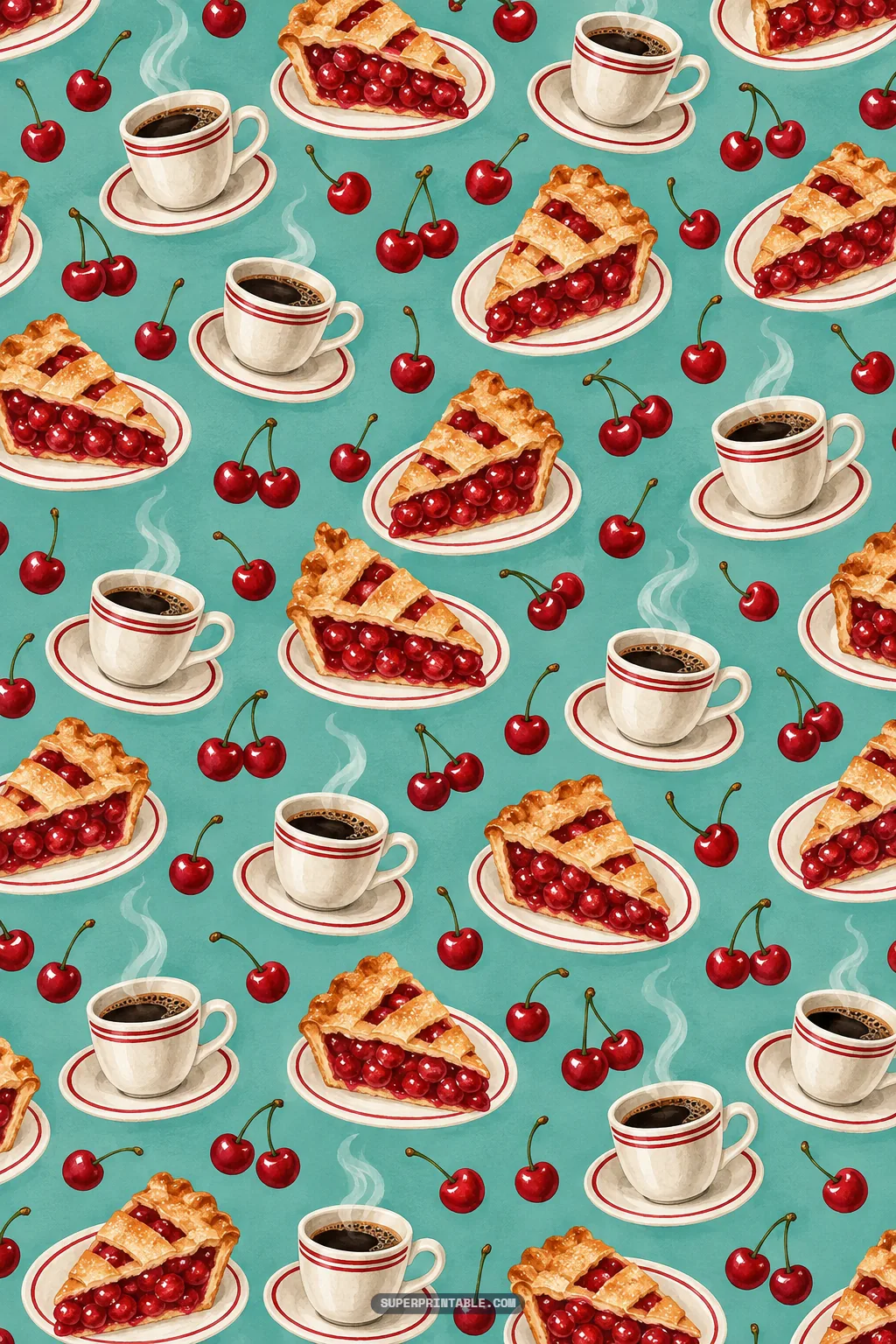 Lattice cherry pie slices on ceramic plates beside steaming coffee cups and cherries across teal background