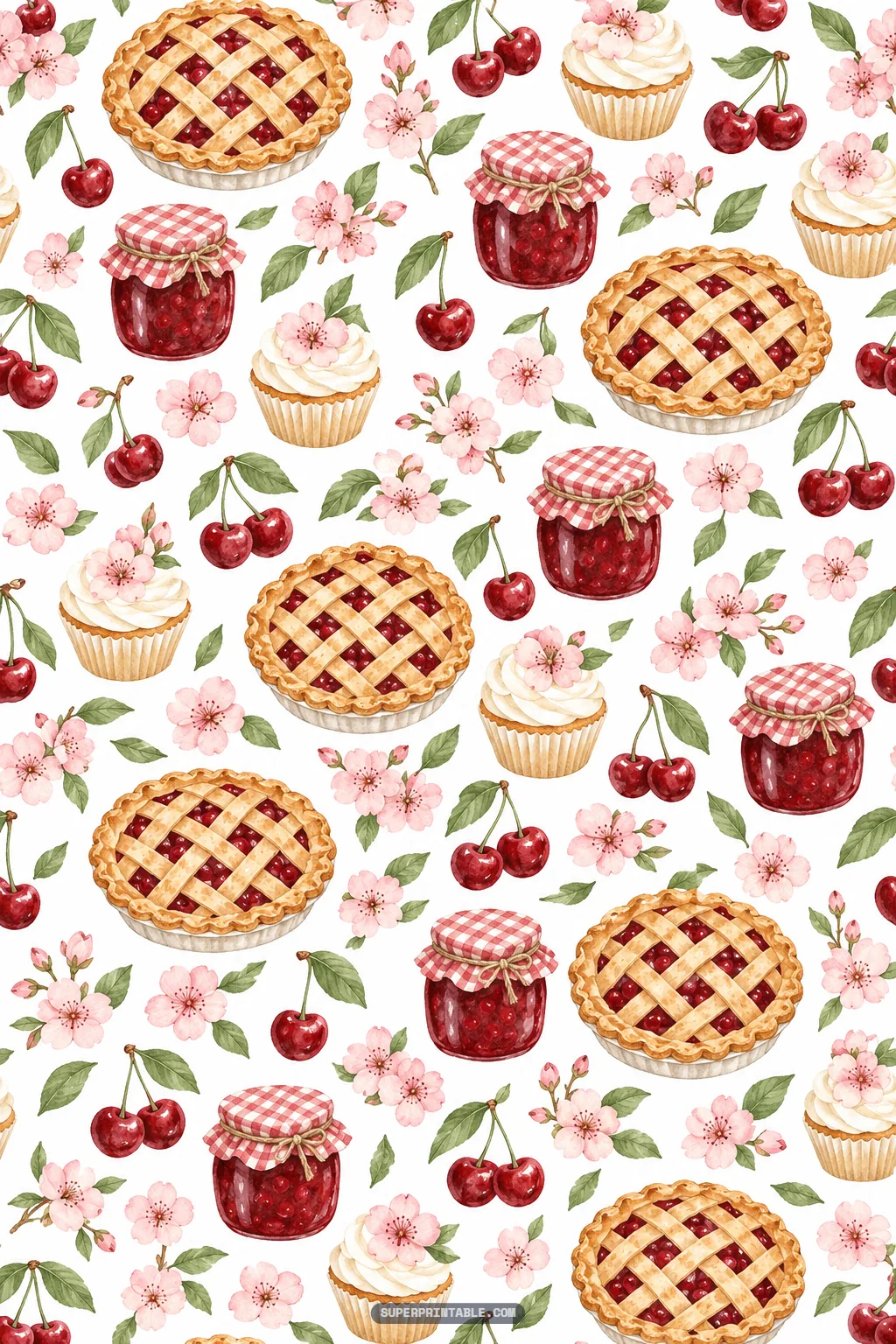 Cherry blossom kitchen digital paper with baked cherry pies and iced cupcakes