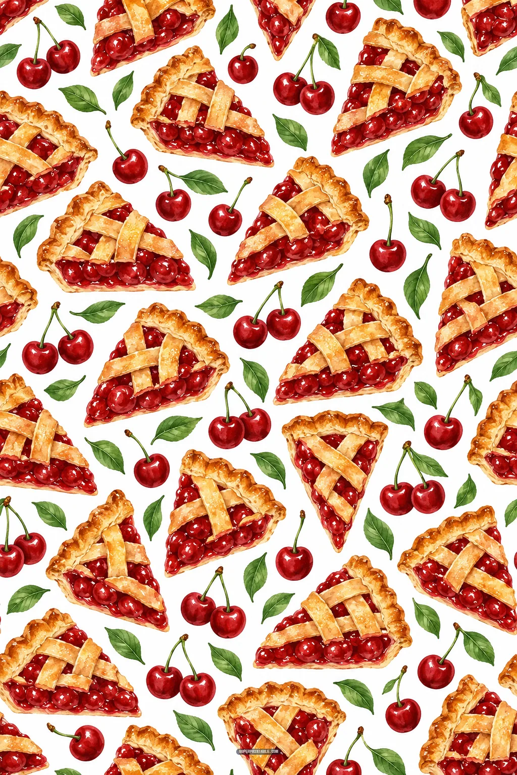 Golden lattice cherry pie slices filled with ruby cherries and fresh fruit on an airy white craft paper sheet