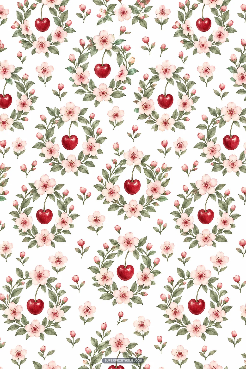 Delicate cherry blossom wreaths framing red cherries on printable digital paper
