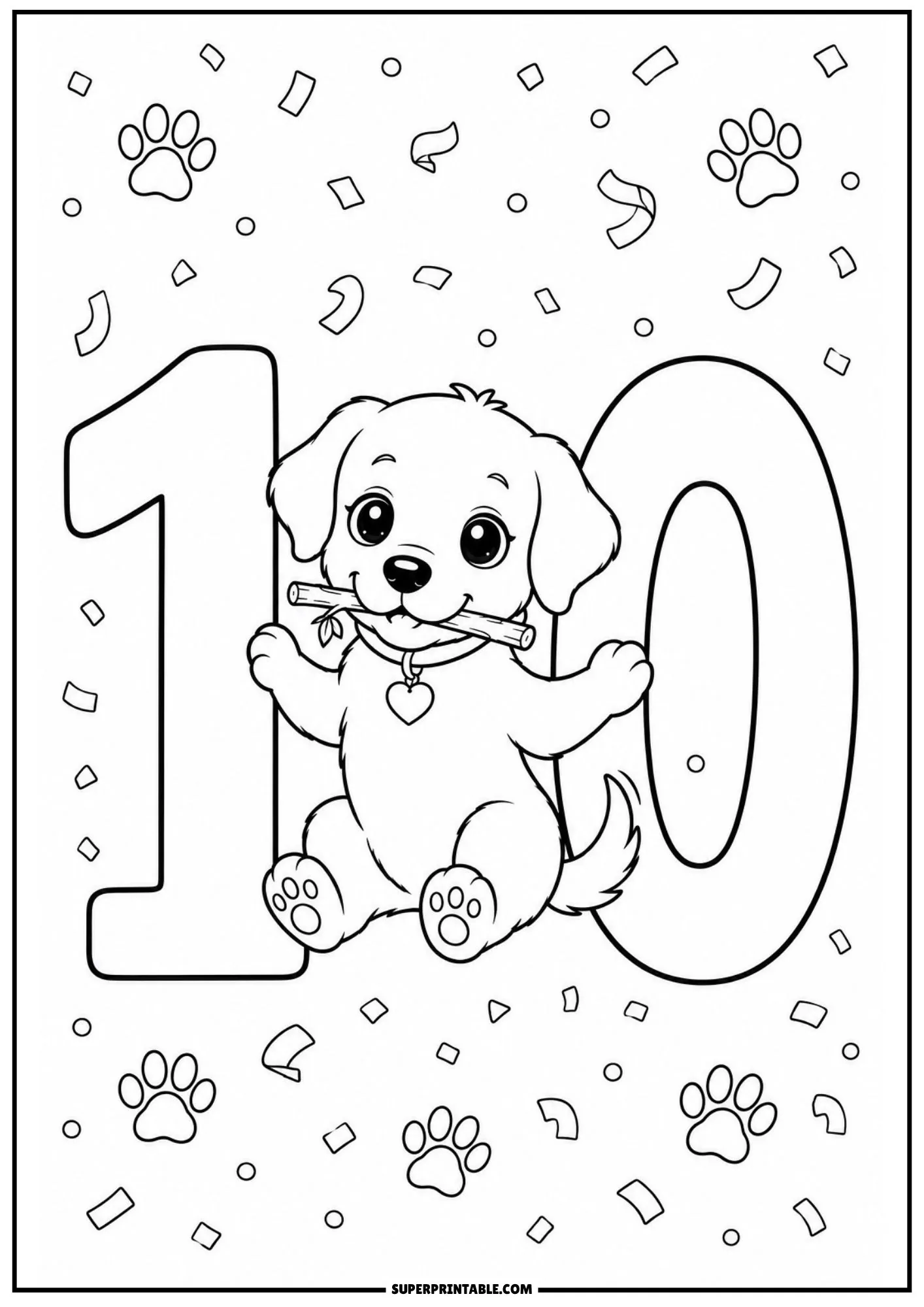 Chibi Labrador puppy standing between digits of number 10 confetti page