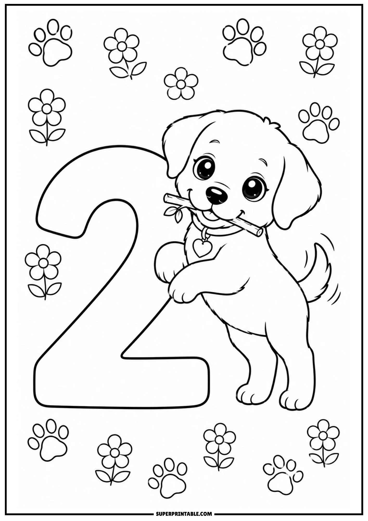 Chibi Labrador puppy leaning on large numeral 2 coloring sheet for kids