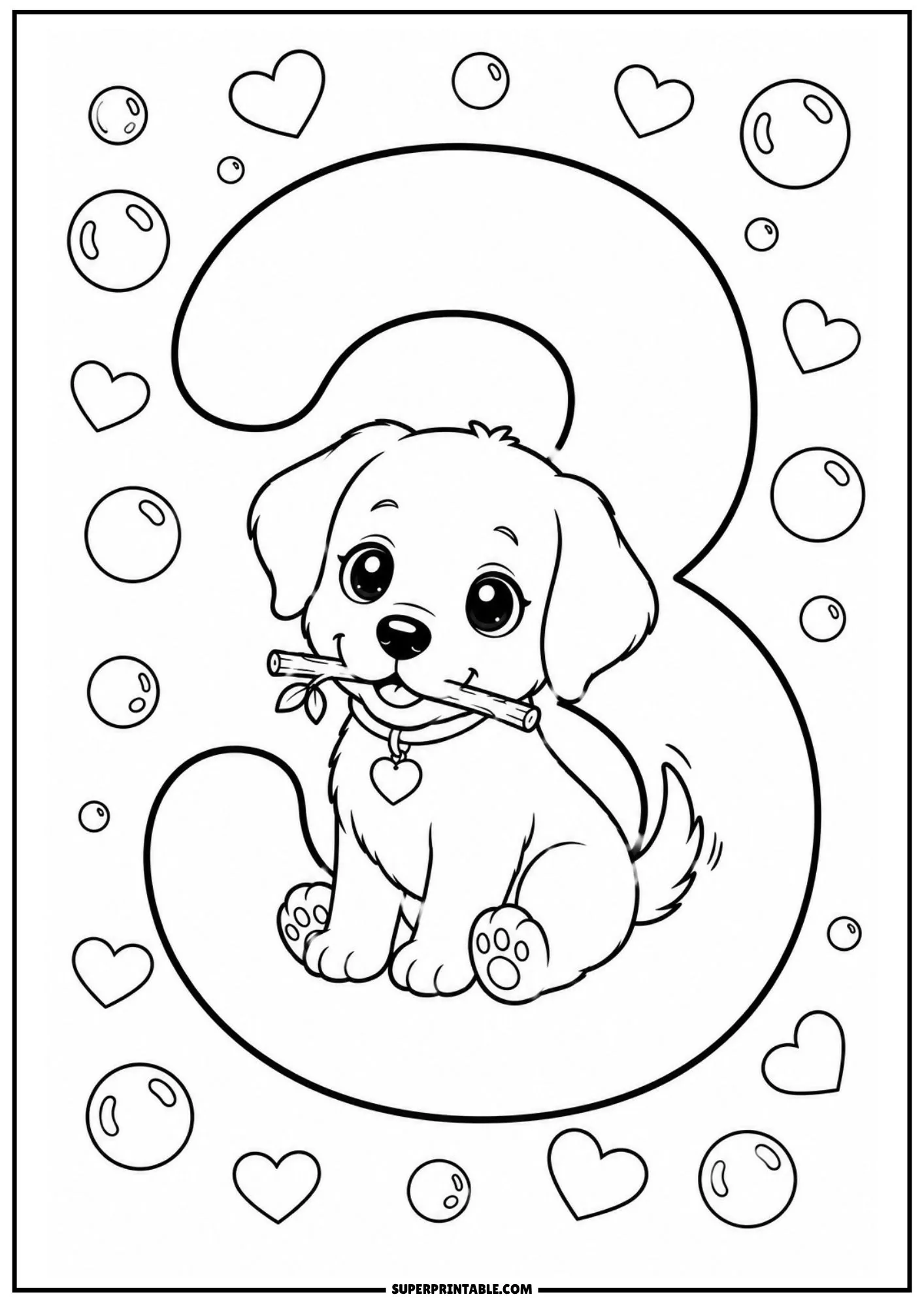 Cute chibi Labrador sitting inside numeral 3 with bubbles and hearts