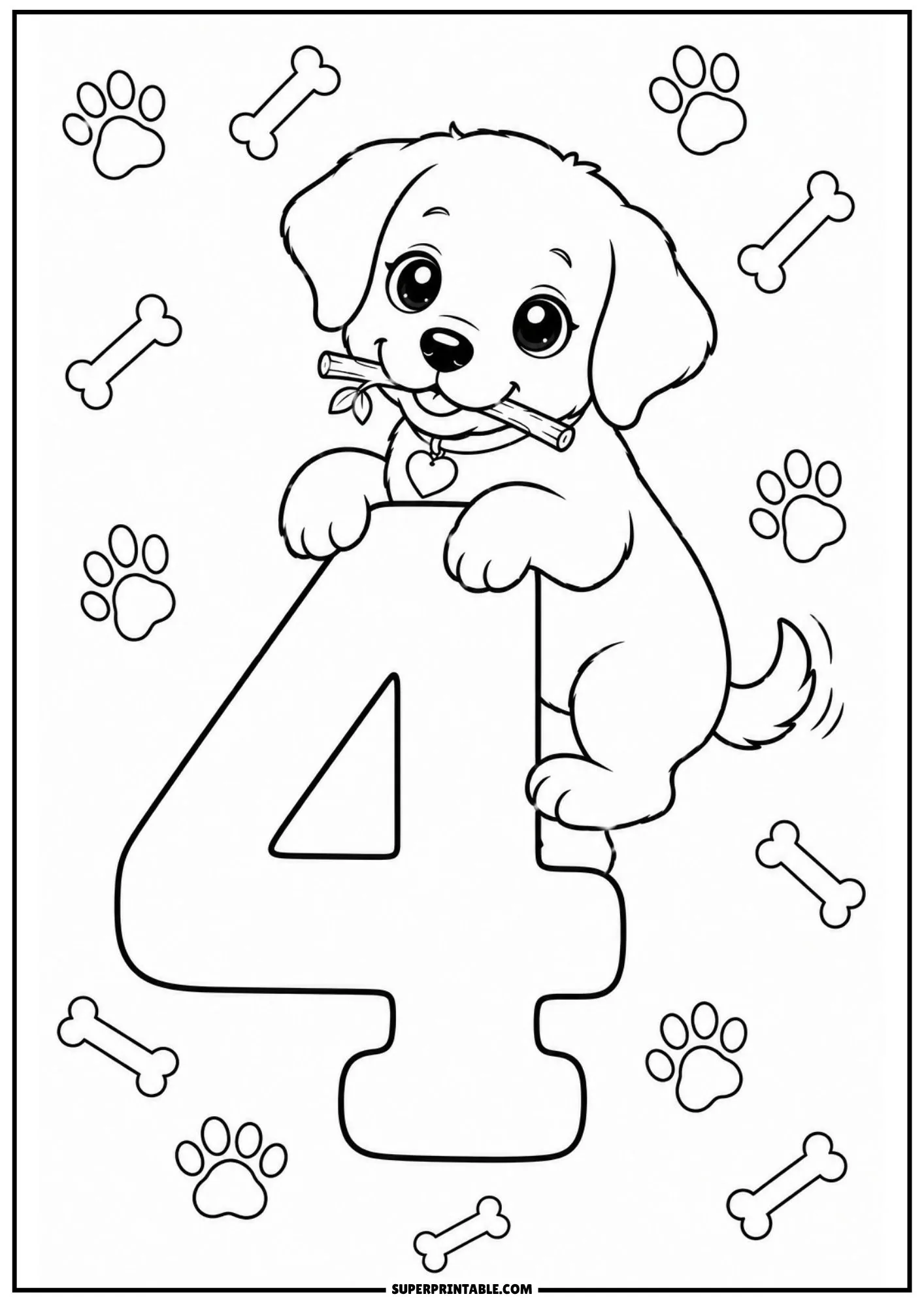 Playful chibi Labrador climbing on number 4 coloring page outline