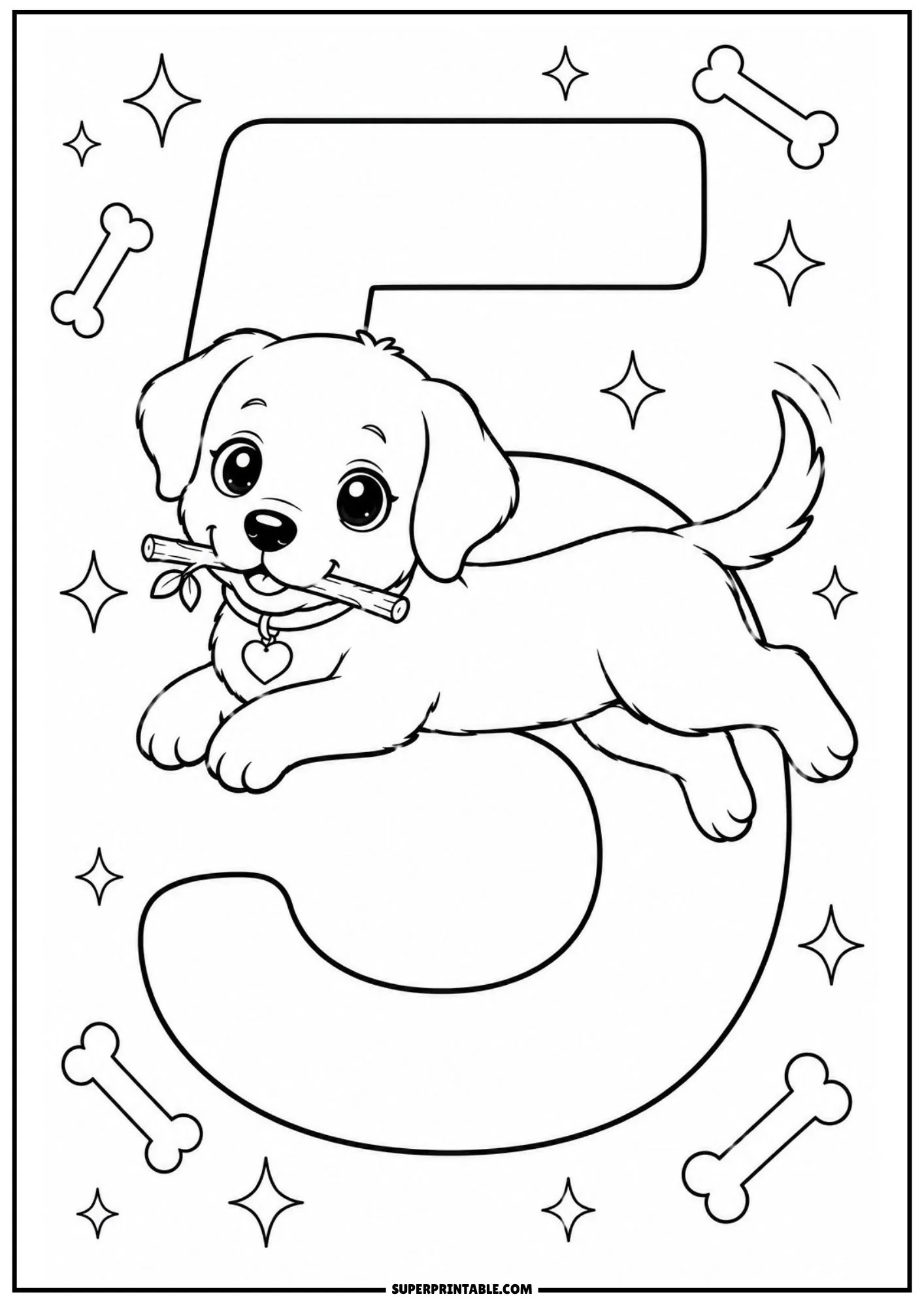 Chibi Labrador puppy relaxing on top of numeral 5 line art printable