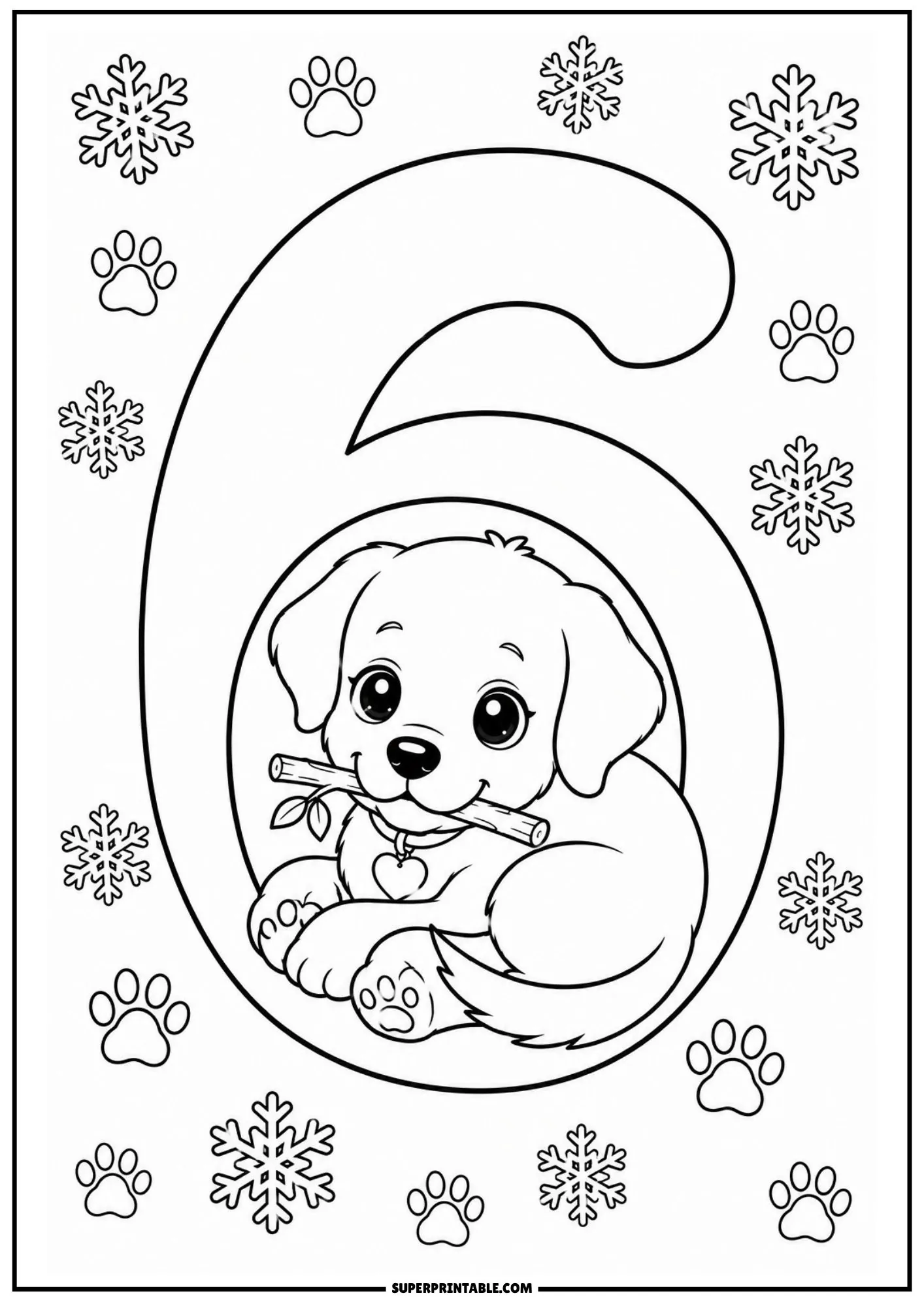 Adorable puppy resting inside number 6 loop with snowflakes coloring page