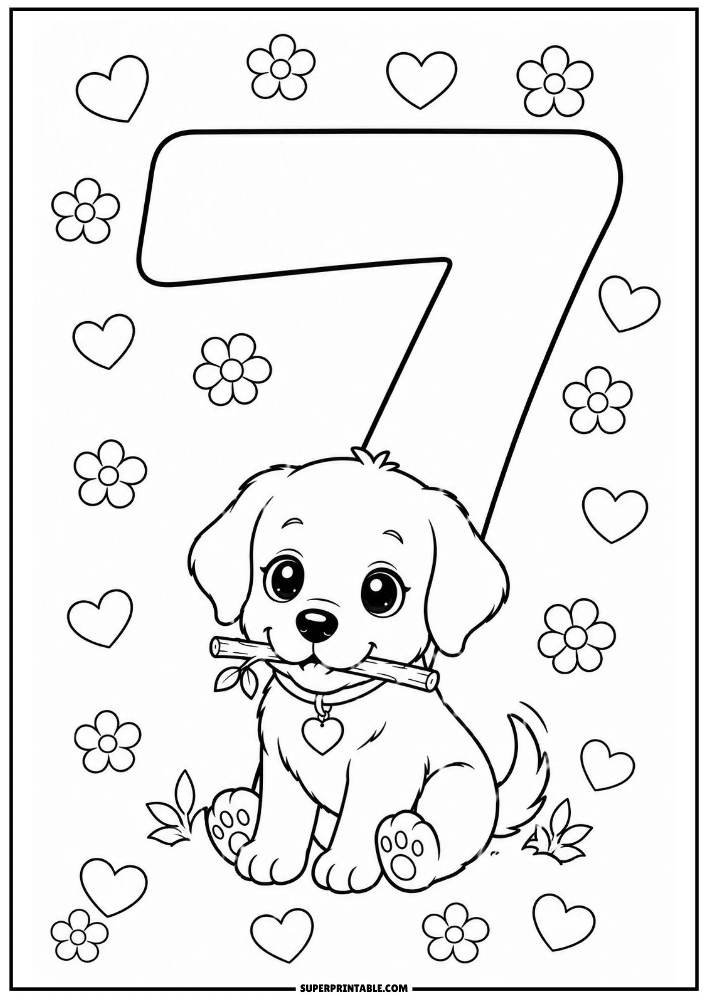 Cute puppy sitting in front of number 7 surrounded by flowers line art